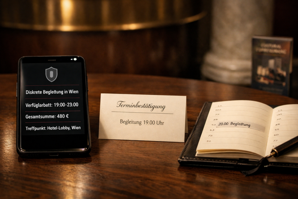 Smartphone mit Buchungsdetails und Kalender u201eBegleitungu201c auf Wiener Hoteltisch; diskrete Model escort Vienna-Koordination.