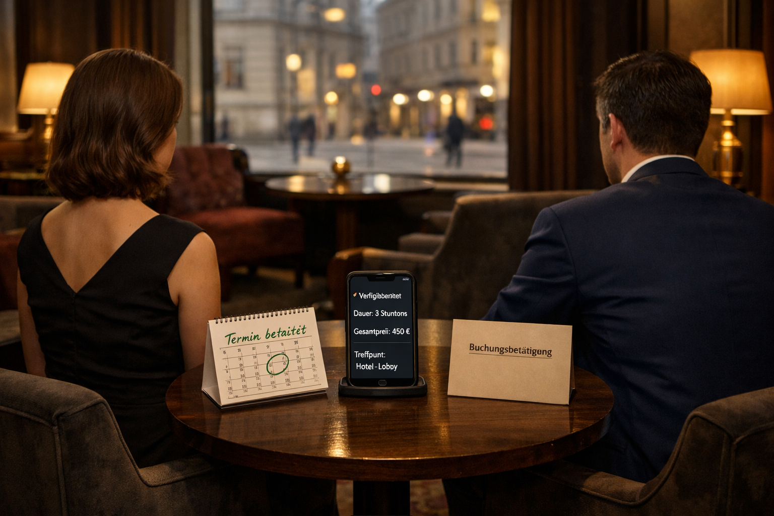 Model escort Vienna im Wiener Hotellounge: Paar prüft transparent eine Buchung mit Verfügbarkeit, Dauer und Gesamtpreis.