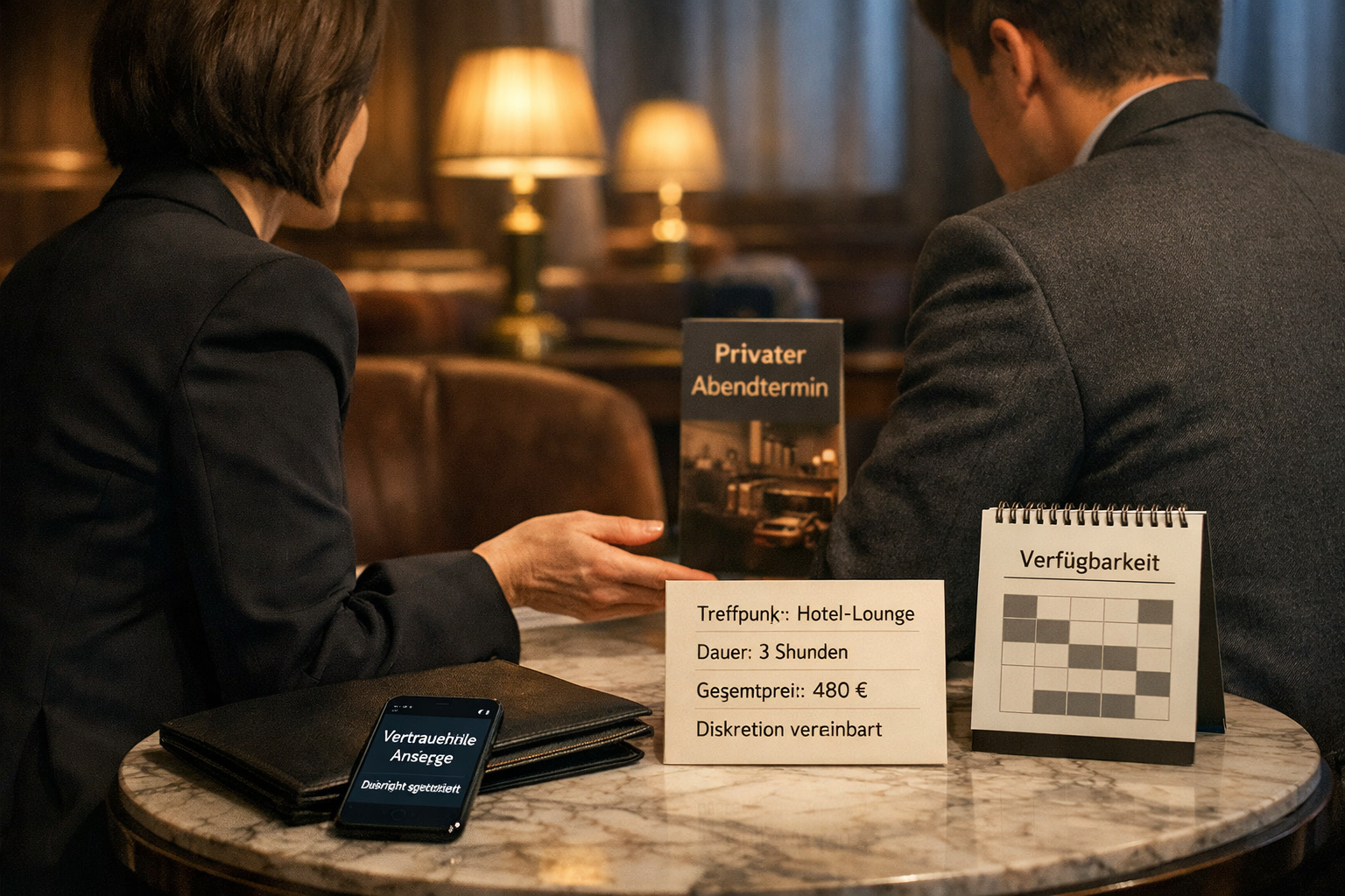 Model escort Vienna: Diskretes Paar in Wiener Hotellounge prüft geschützte Nachricht, Termin und transparente Konditionen.