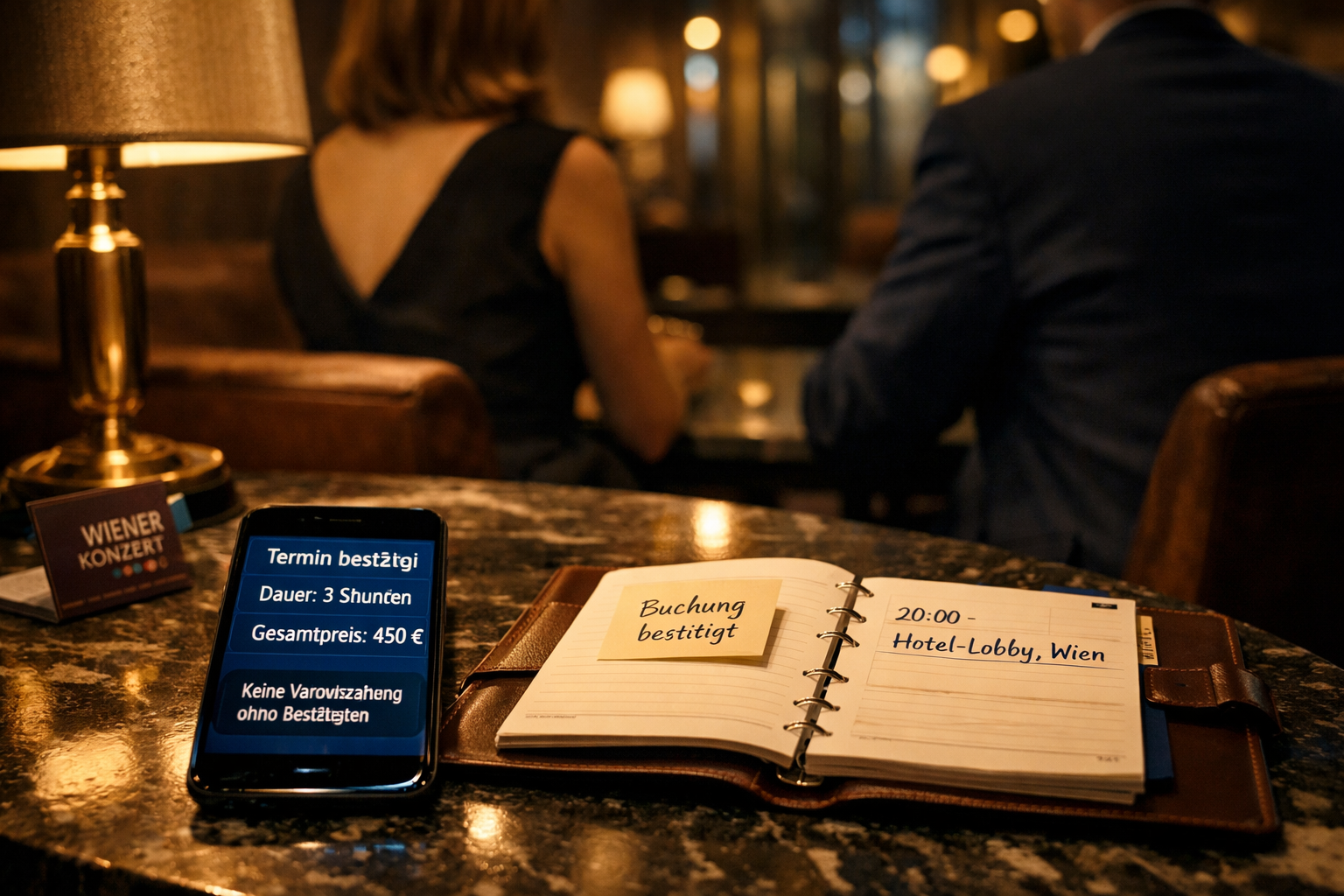 Model escort Vienna und Kunde anonym im Wiener Hotellounge, Smartphone mit bestätigtem Termin, Dauer und Gesamtpreis.