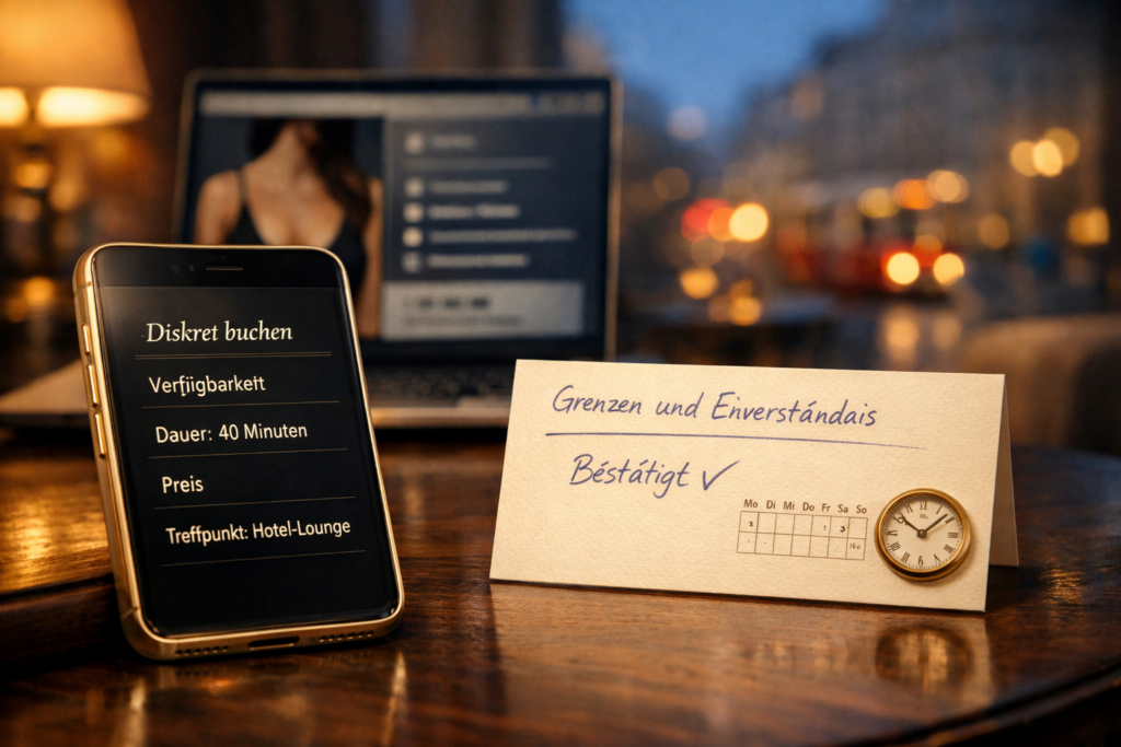 Discreet luxury escort in Vienna: Smartphone mit privater Buchungsnachricht neben Terminnotizen auf dunklem Holztisch.