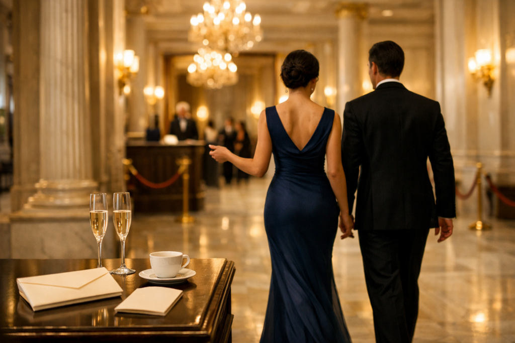 VIP escort for events Vienna: Paar von hinten im eleganten Marmorfoyer eines Wiener Galaortes, ohne sichtbare Gesichter.