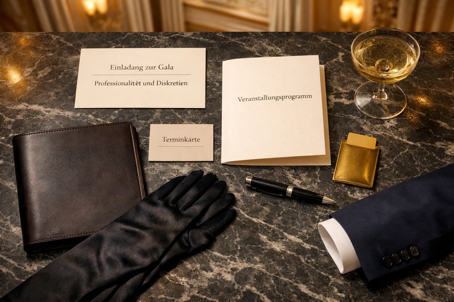 VIP escort for events Vienna: Elegante Unterlagen, Lederportfolio, Füller, Handschuh und Champagnerglas auf Marmortisch in Wien.