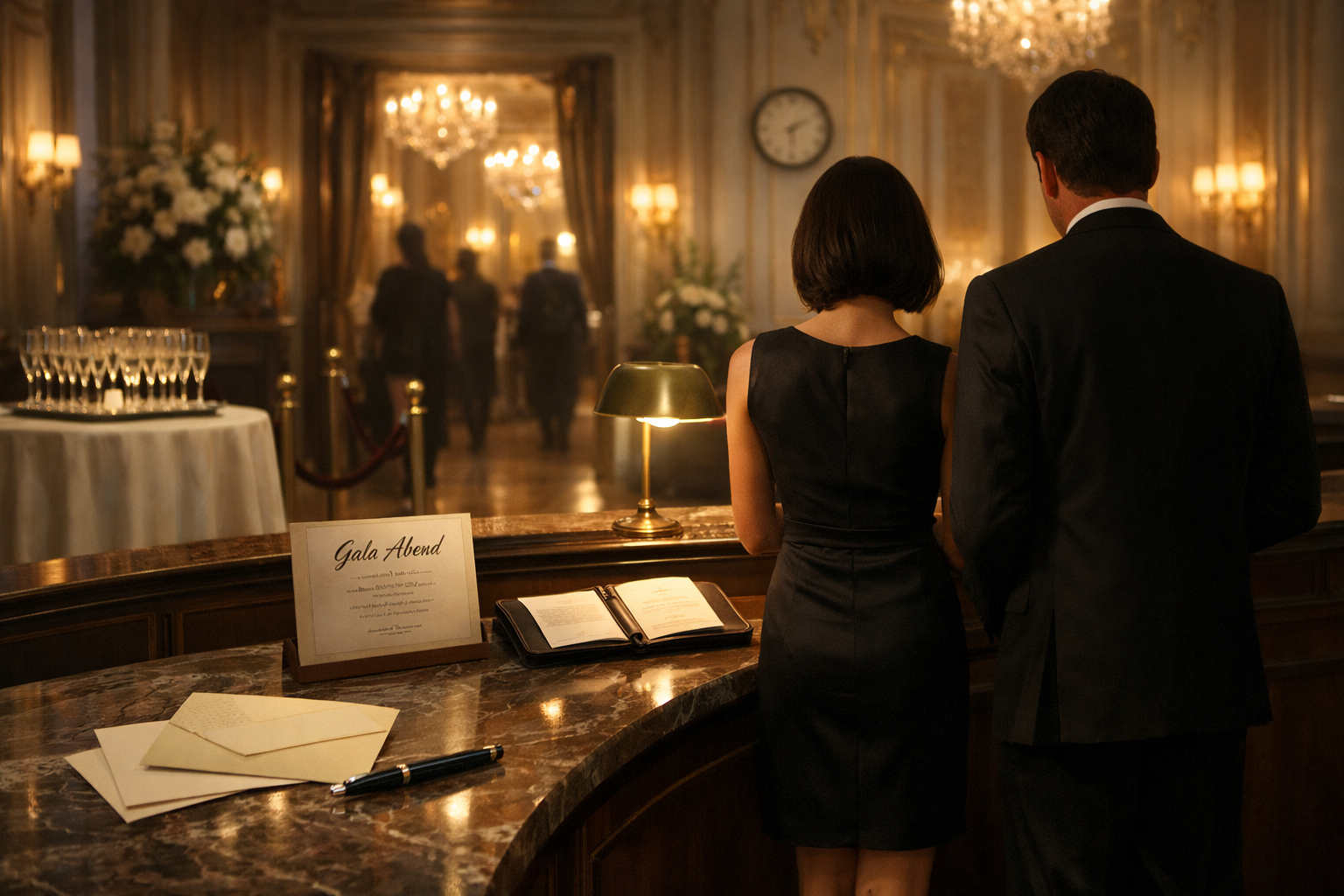 Elegantes Wiener Hotelfoyer mit Gästen, Planung und VIP escort for events Vienna am Empfangstresen.
