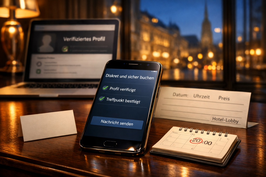Smartphone mit diskreter Buchungsbestu00e4tigung, Kalender und Laptop in Wiener Hotellobby; Hinweis u201eEscort Vienna Austriau201c.