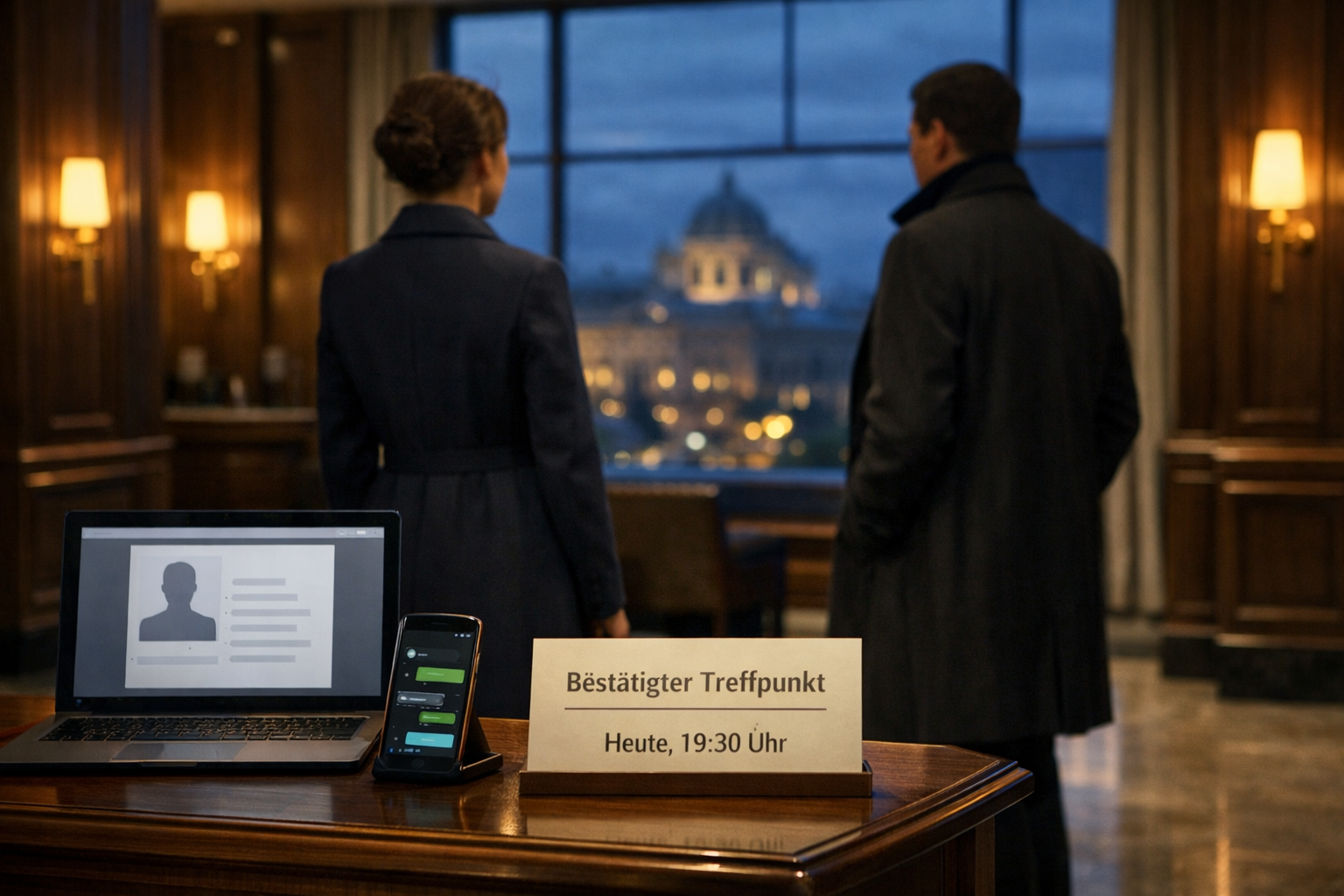 Elegante Wiener Hotellobby mit diskretem Treffen, Termin-Karte und Smartphone; Escort Vienna Austria bei Abendlicht.