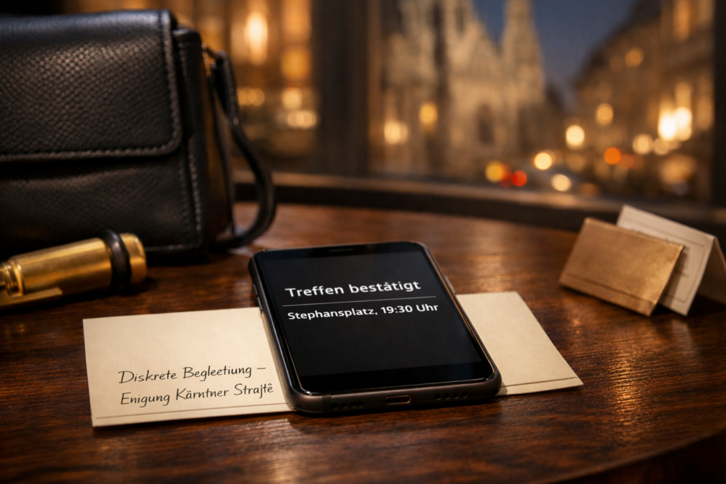 Smartphone mit Terminbestu00e4tigung u201eTreffen bestu00e4tigtu201c am Stephansplatz neben Handtasche und Reservierungskarte; Escort Vienna Down Town.