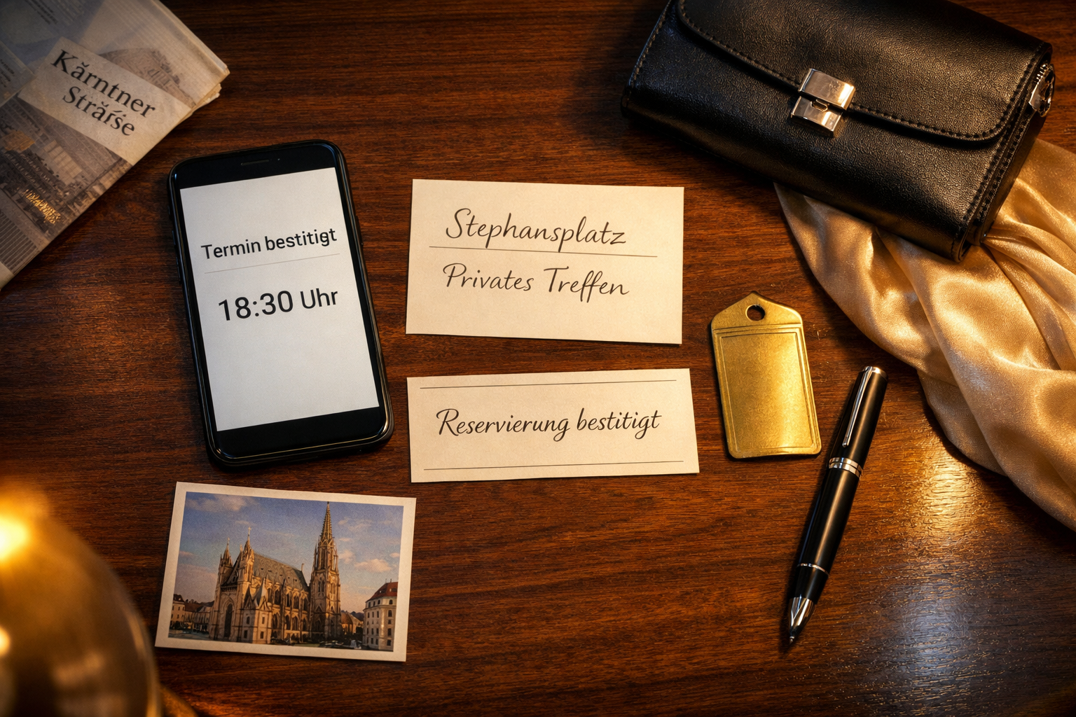 Escort Vienna Down Town: Terminbestätigung „18:30 Uhr“, Treffpunkt Stephansplatz und Restaurantreservierung auf Wiener Café-Tisch.