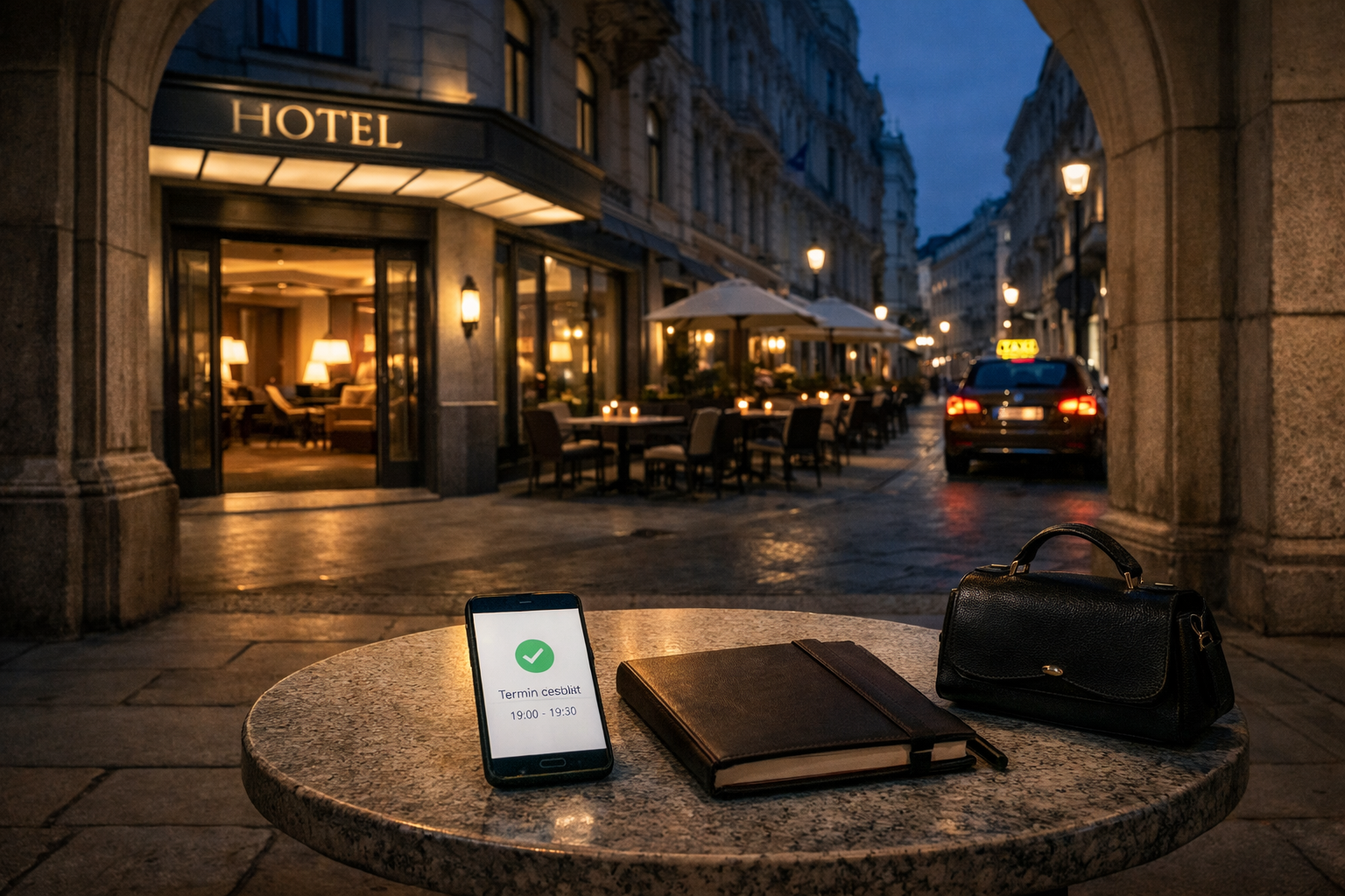 Abendliche Wiener Arkade mit Boutique-Hoteleingang, Caféterrasse und Smartphone-Termin; Escort Vienna Down Town.