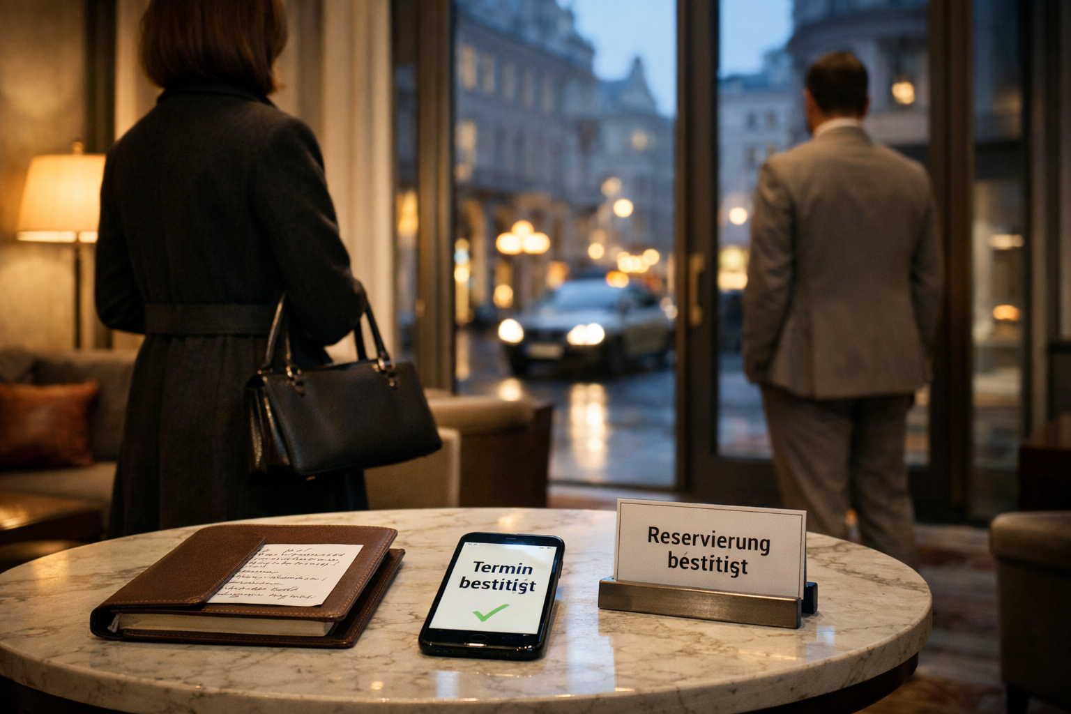 Escort Vienna Down Town: Ruhige Hotellounge in Wien mit bestätigtem Termin, Reservierungskarte und zwei diskret wartenden Personen.