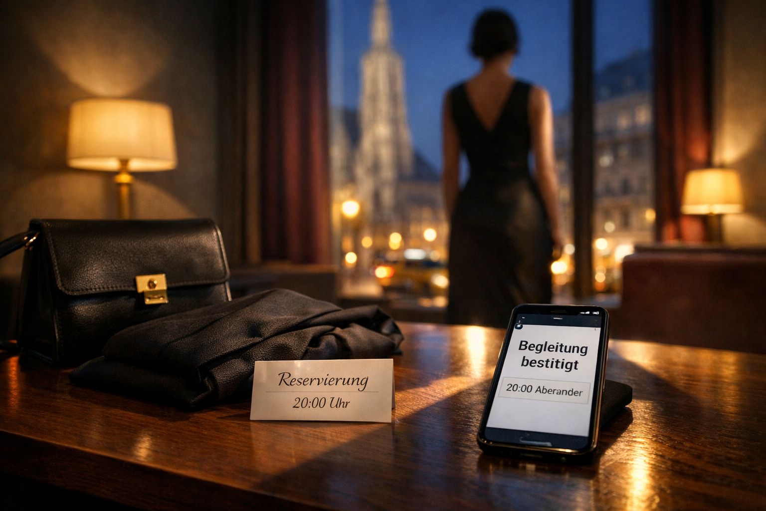 Hotel-Lounge in Wien: bestätigter Abendtermin, Handtasche und Reservierung am Tisch, elegante Begleitung am Fenster; Escort Vienna Down Town