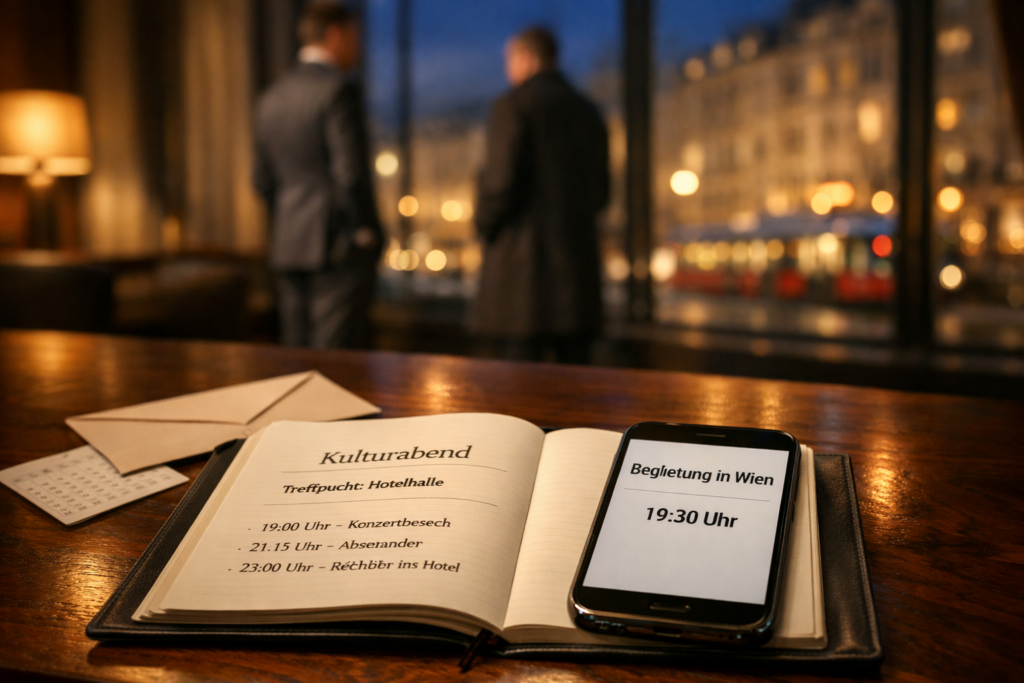 Smartphone mit u201eBegleitung in Wienu201c und u201e19:30 Uhru201c neben Kulturabend-Notizbuch; unscharfe Figuren im Wiener Hotellobby-Hintergrund.