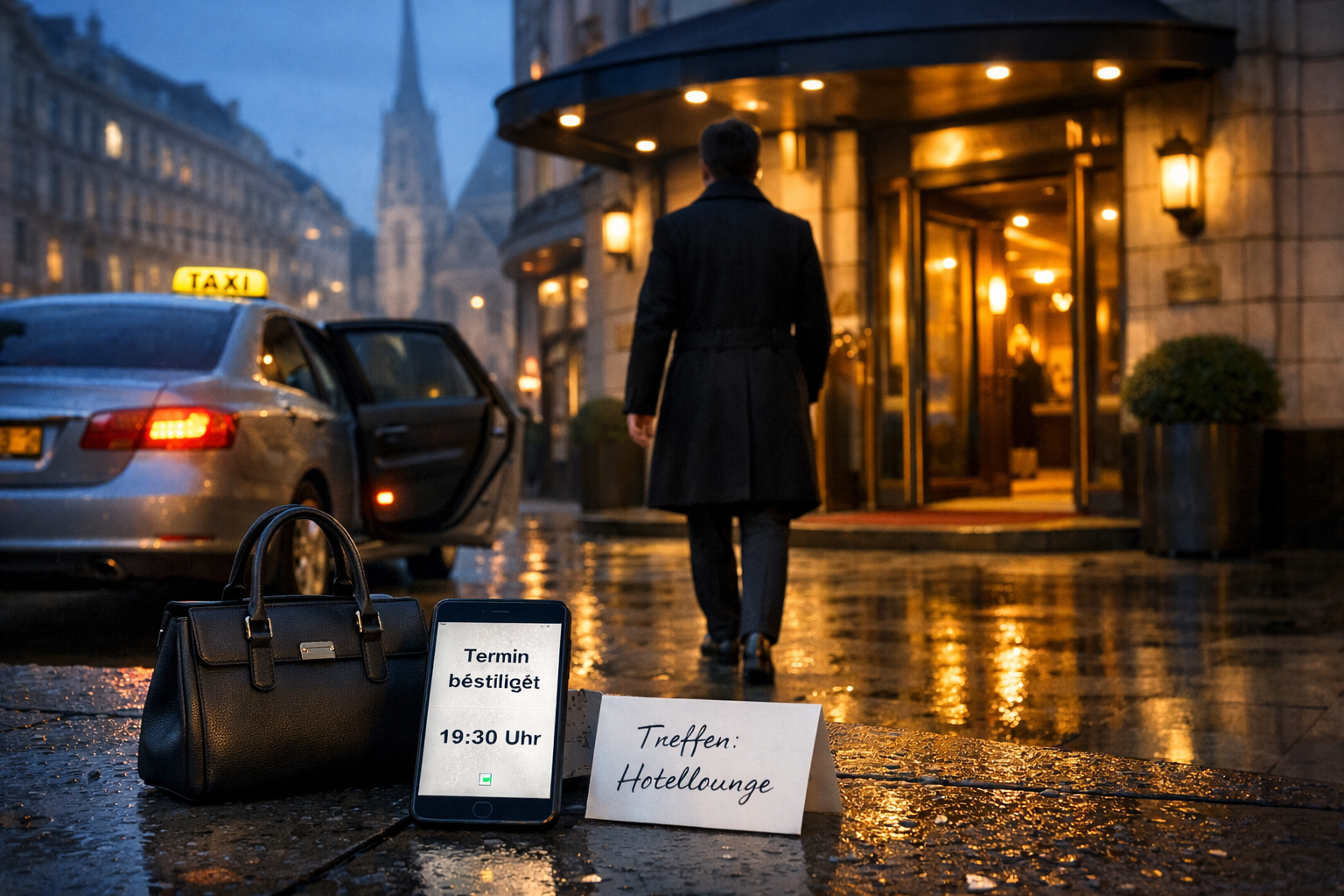 Escort Vienna Down Town: Person steigt bei Regen aus silbernem Taxi zum Wiener Hotel; Smartphone zeigt „Termin bestätigt“, 19:30 Uhr.