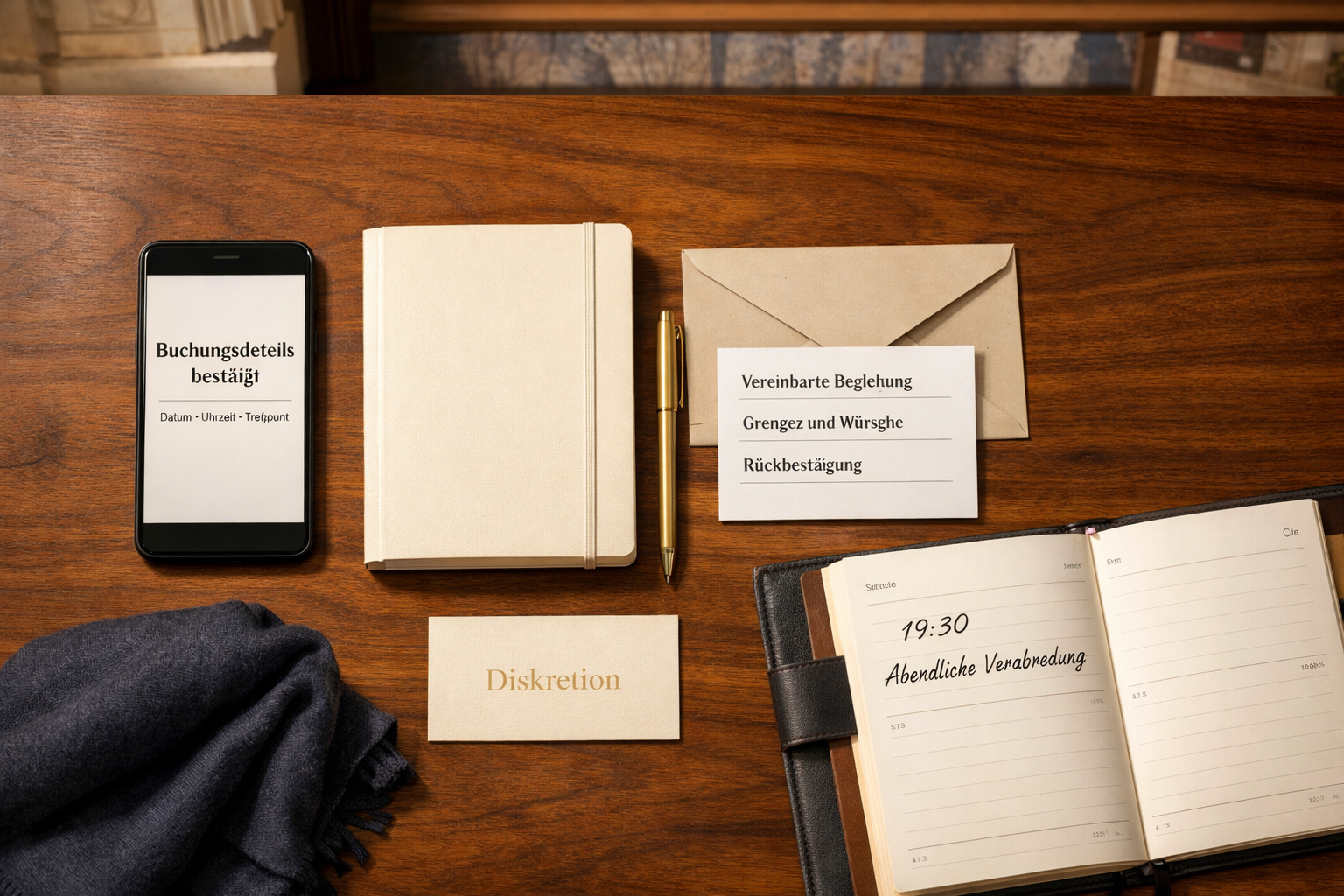 Flatlay im Wiener Hotellounge: Smartphone mit „Buchungsdetails bestätigt“, Reiseplan, Kalender und diskreten Accessoires; Vienna City escort.