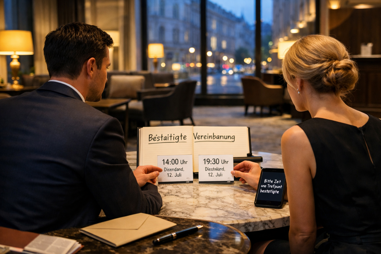 Vienna City escort und Kunde prüfen im Wiener Hotellobby eine abweichende Terminbestätigung am Marmortisch.