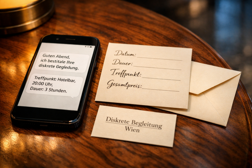 Smartphone und Terminankarte fu00fcr diskrete Begleitung in Wiener Hotellounge; Book a luxury escort Vienna.