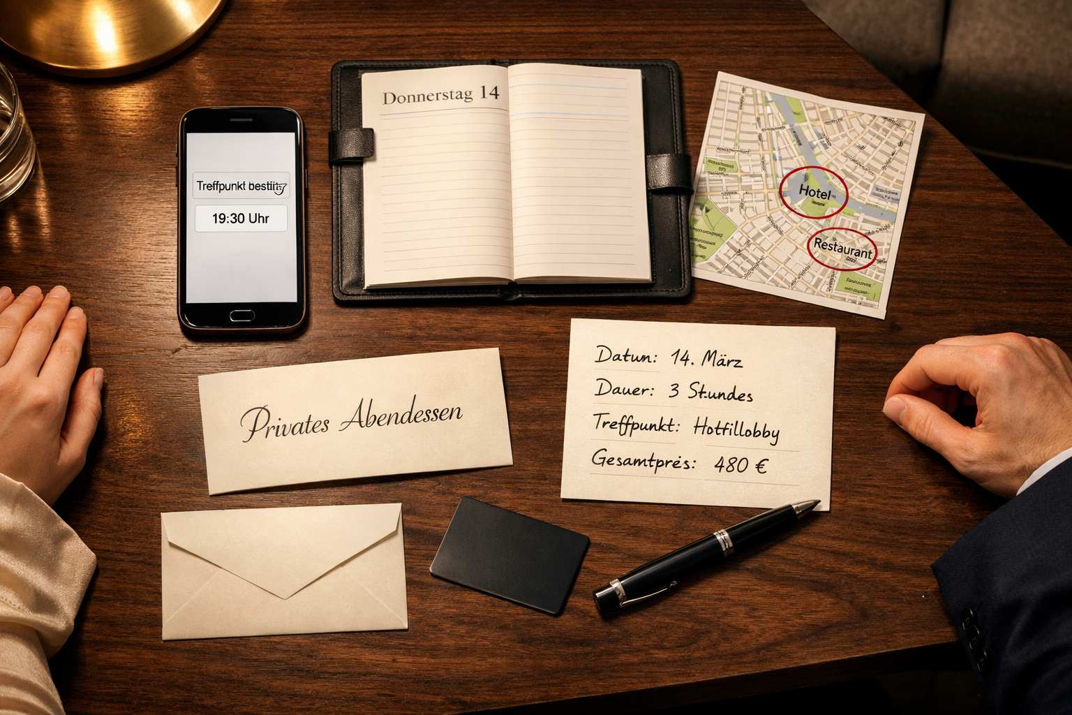 Planung eines privaten Abendessens in Wien mit Kalender, Karte und Smartphone; Keyword: Book a luxury escort Vienna