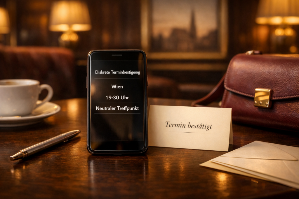 Diskrete Luxusbegleitung Wien u00d6sterreich: Smartphone mit Terminbestu00e4tigung u201eWien, 19:30 Uhru201c neben Karte, Tasche und Kaffee.