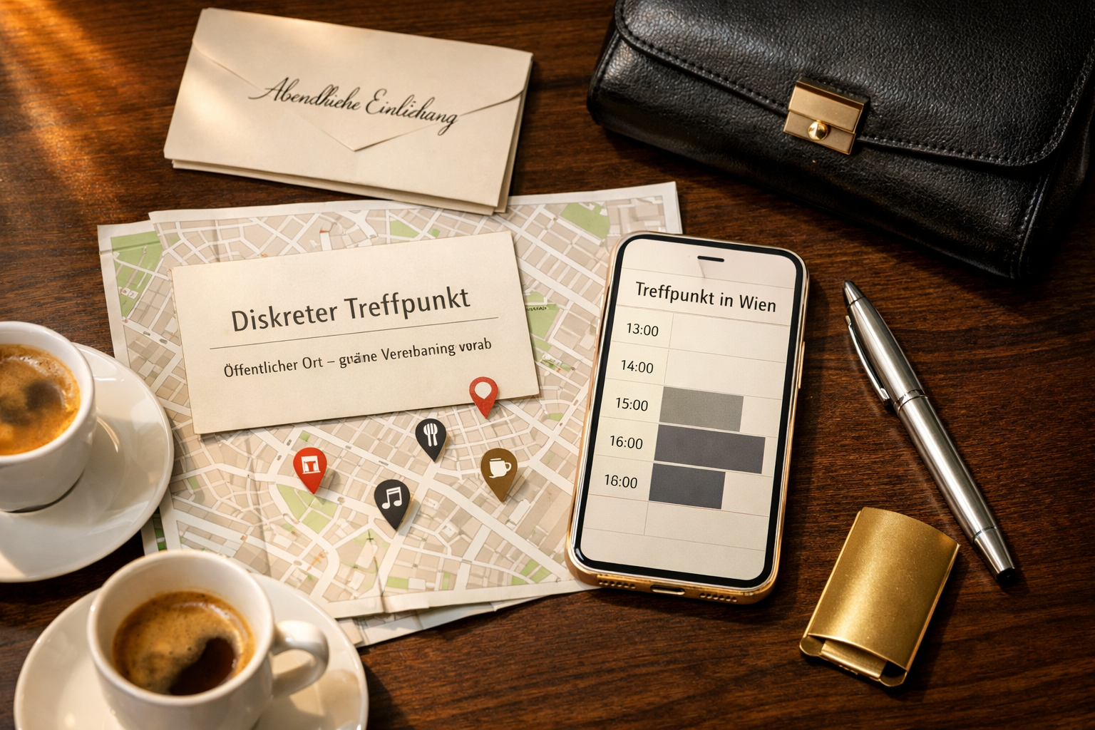Diskrete Luxusbegleitung Wien Österreich: Smartphone, Terminkarte und Stadtplan auf elegantem Hoteltisch.