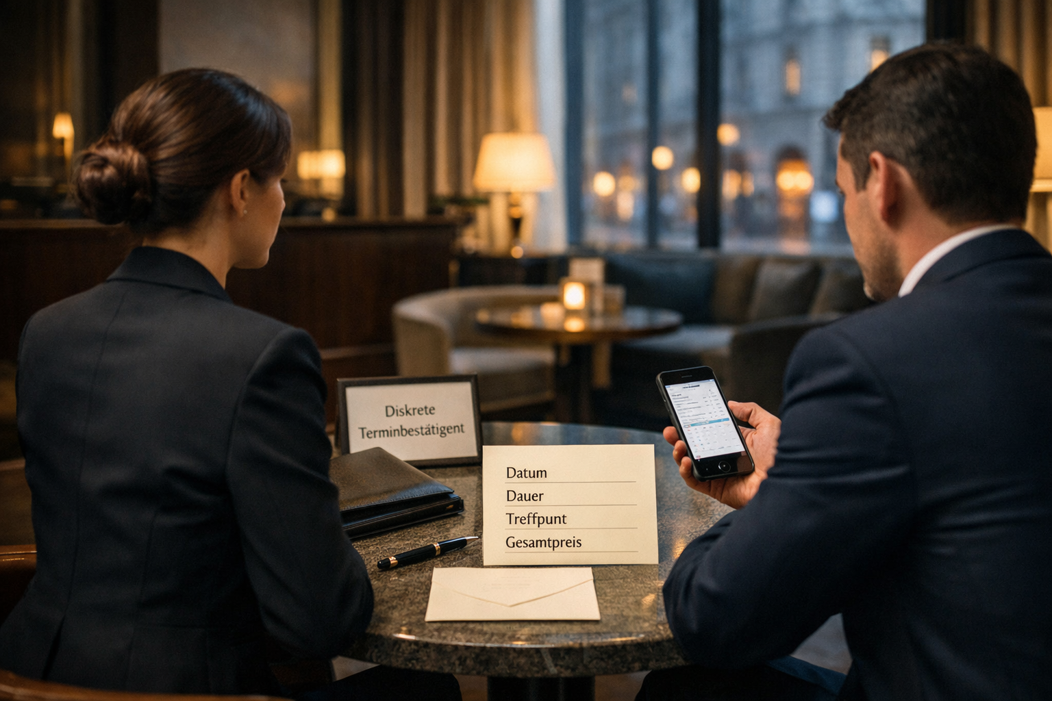 Elegante Hotel-Lounge in Wien mit diskreter Terminbestätigung und Buchungsunterlagen; Book a luxury escort Vienna.