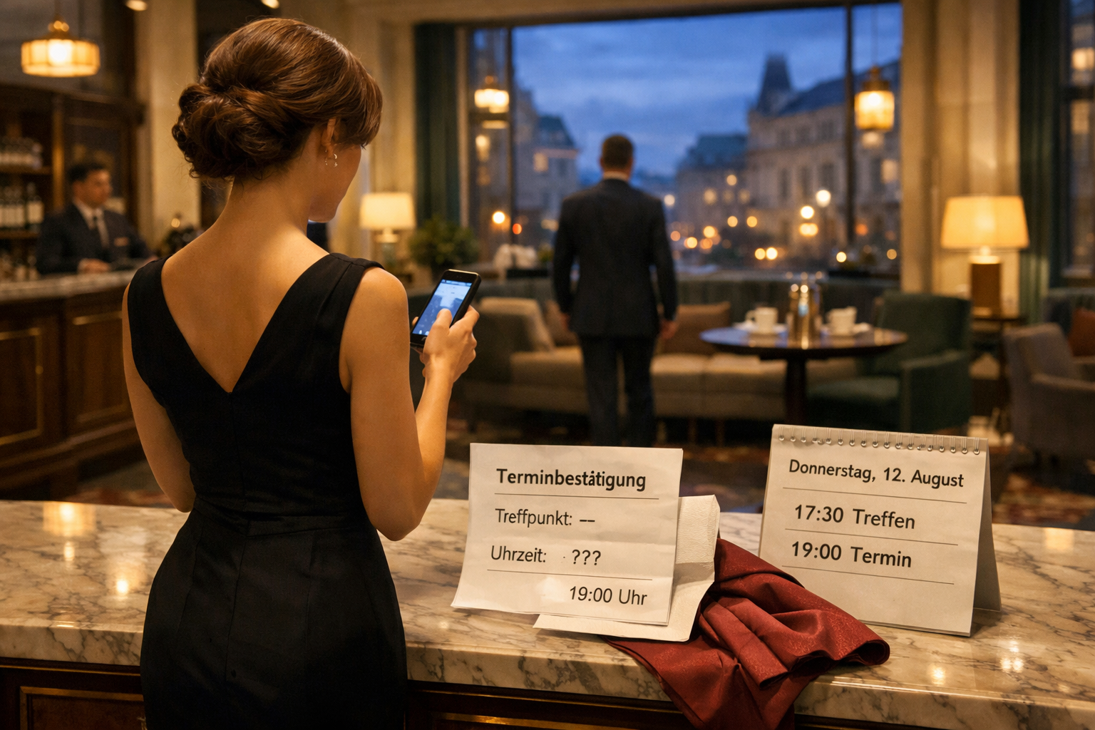 Discreet luxury escort Vienna Austria prüft im Hotellounge einen unklaren Termin auf Smartphone und Bestätigung.