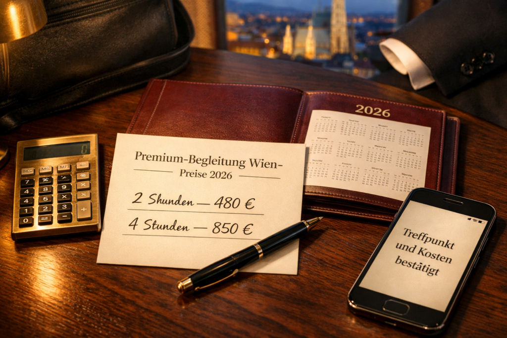 Premium companion service Vienna: Preiskarte 2026, Notizen, Rechner und Buchungsbestu00e4tigung auf Wiener Hoteltisch.