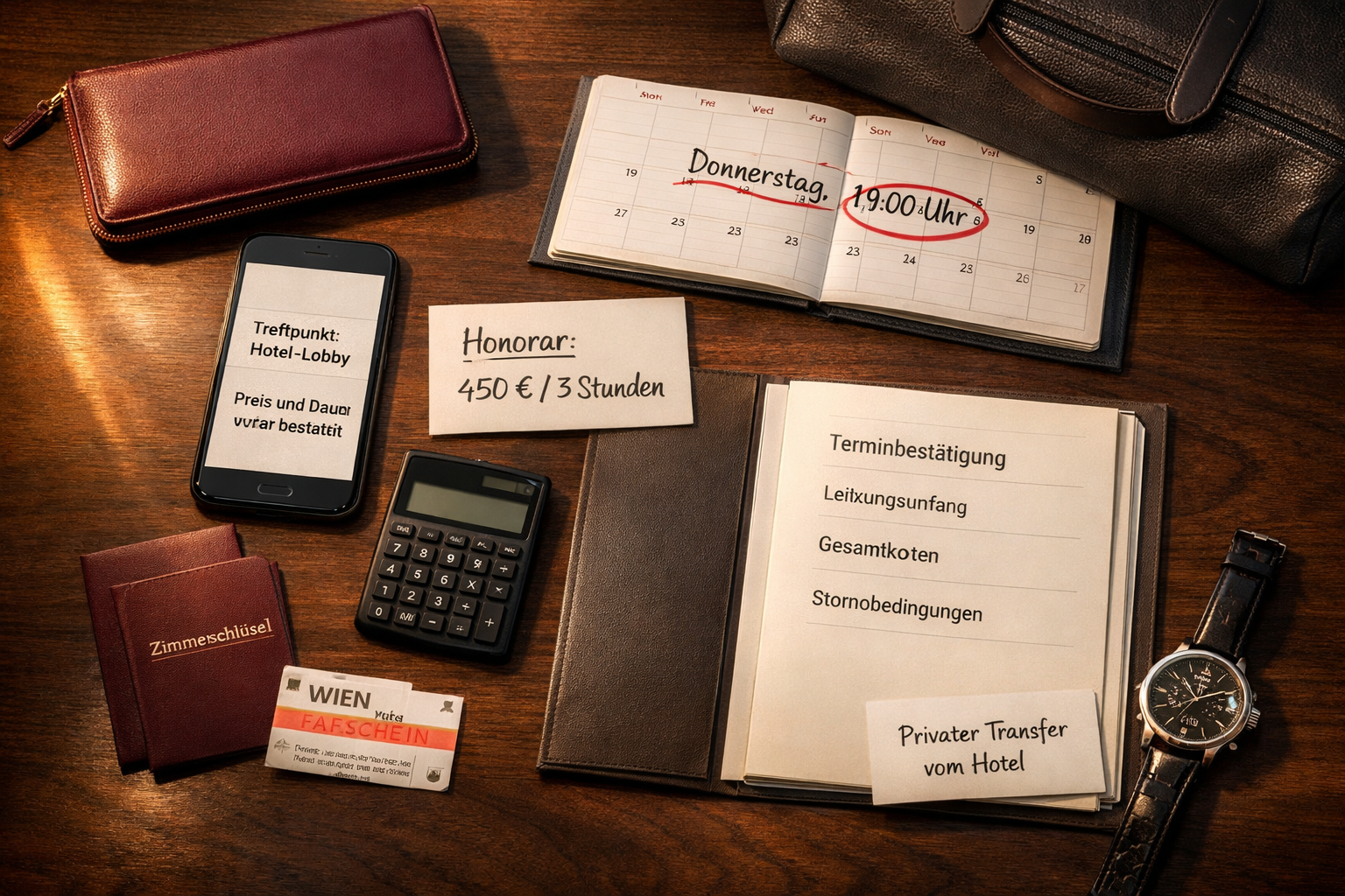 Premium companion service Vienna: Ordnung mit Smartphone, Kostenkarte, Kalender, Bestätigung, Hotelutensilien und Reisetasche auf Holztisch.