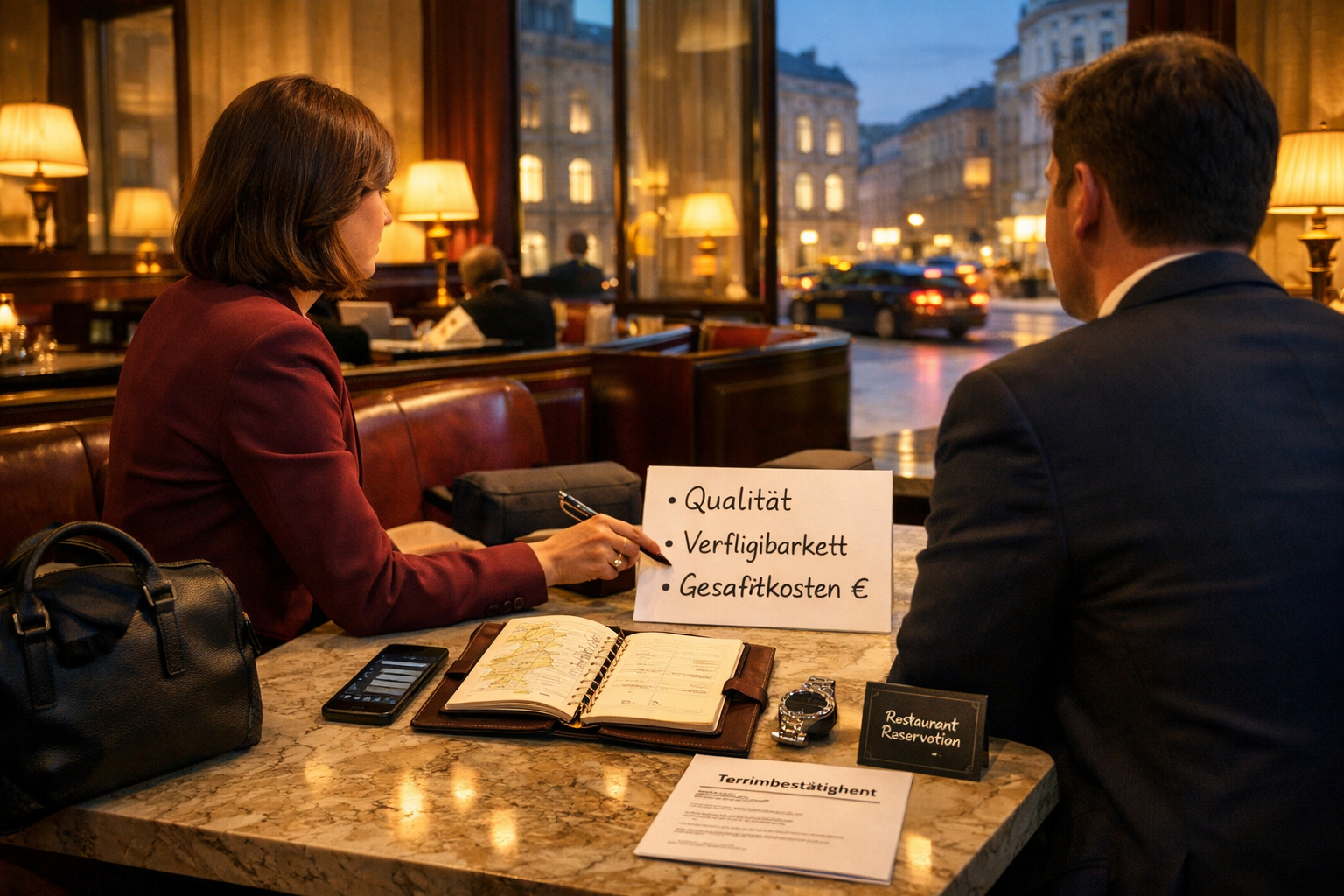 Premium companion service Vienna: Elegante Hotellobby, Beratung am Marmortisch mit Reiseplaner, Qualitätsnotizen und diskreter Atmosphäre.