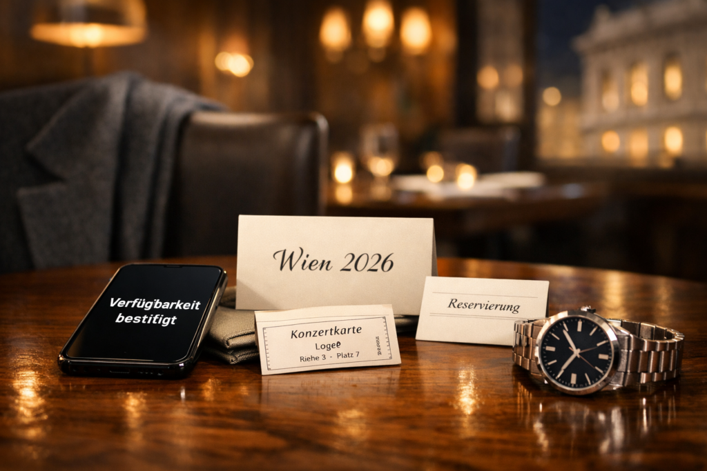 Smartphone mit u201eVerfu00fcgbarkeit bestu00e4tigtu201c, Wien-2026-Itinerary, Ticket und Uhr auf Restauranttisch u2013 Dating companion Vienna.