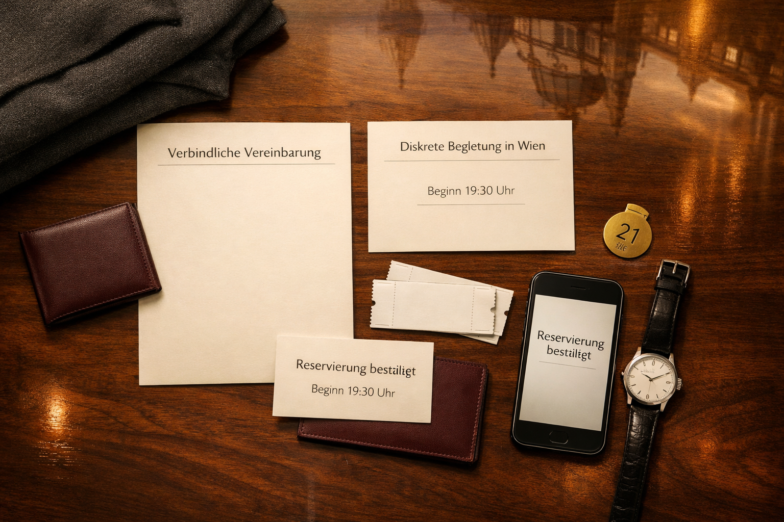 Flatlay mit Vertrag, Reservierung und Konzertkarten auf Wiener Restauranttisch – Dating companion Vienna, diskrete Begleitung.