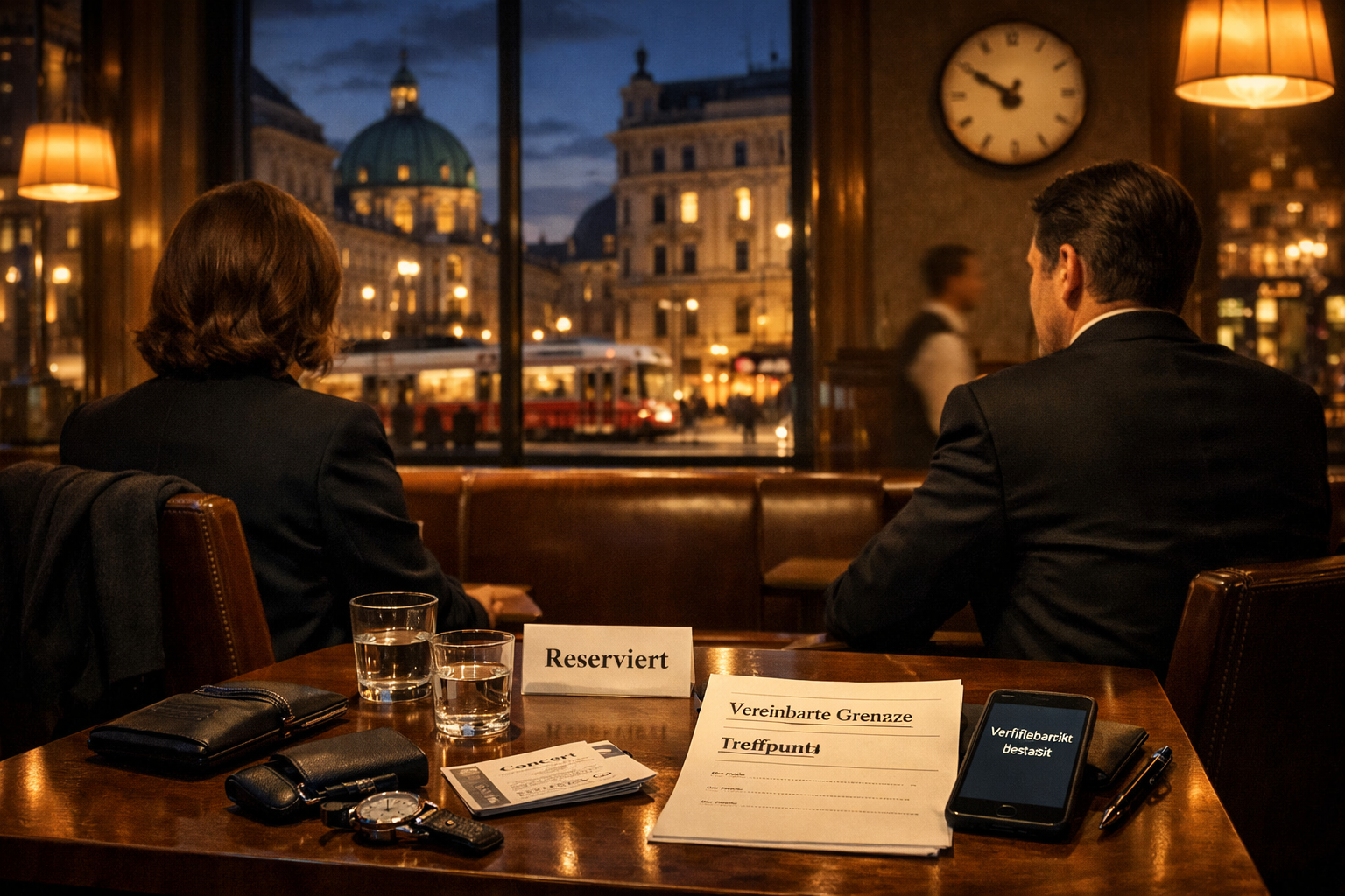 Dating companion Vienna in Wiener Restaurant-Lounge: Zwei Erwachsene am reservierten Tisch, Konzertticket, bestätigte Verfügbarkeit und Stadtblick.