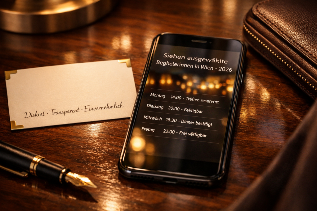 Smartphone mit Wiener Luxusbegleitungs-Shortlist 2026, Terminkarte und Ledertasche auf Walnussholz; u201eBest Luxury escort Viennau201c.