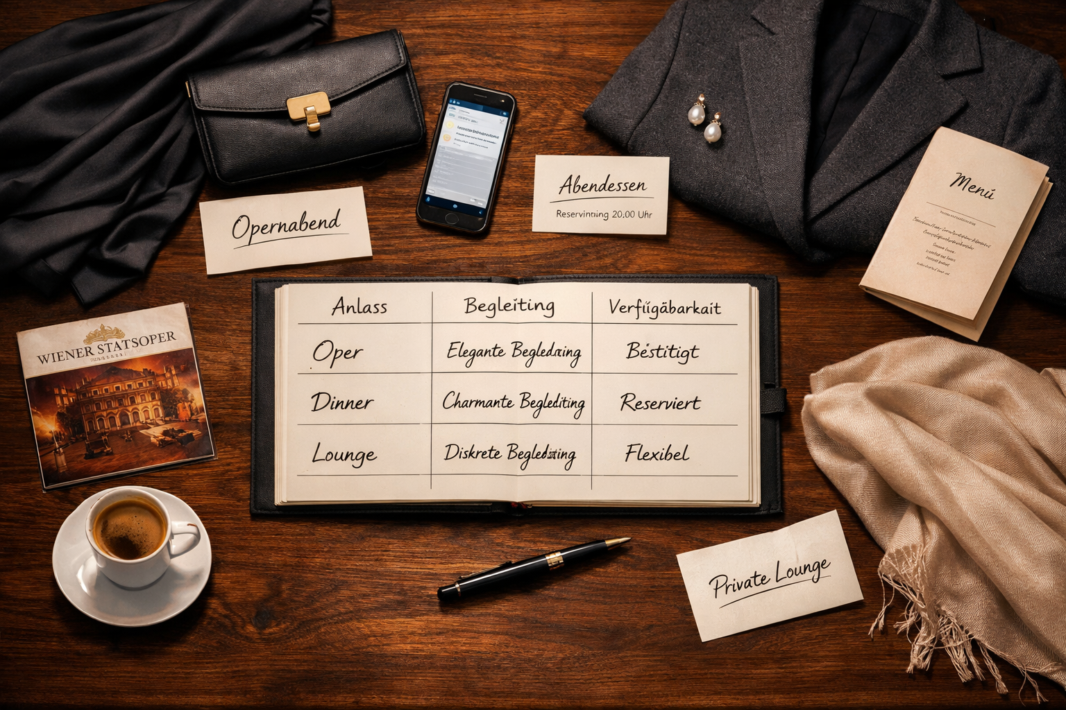 Flache Luxuskomposition mit Wochenplaner, Abendgarderobe und Einladungen; Best Luxury escort Vienna, diskret in Wien.