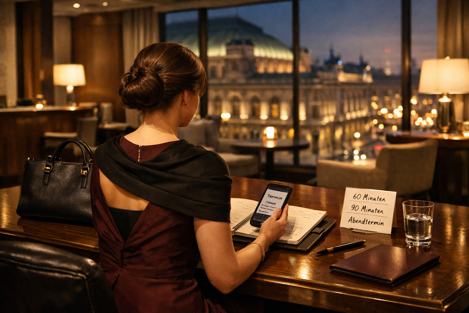 Best Luxury escort Vienna: Elegant gekleidete Frau prüft diskret Terminplaner und Smartphone in einer stilvollen Hotellounge.