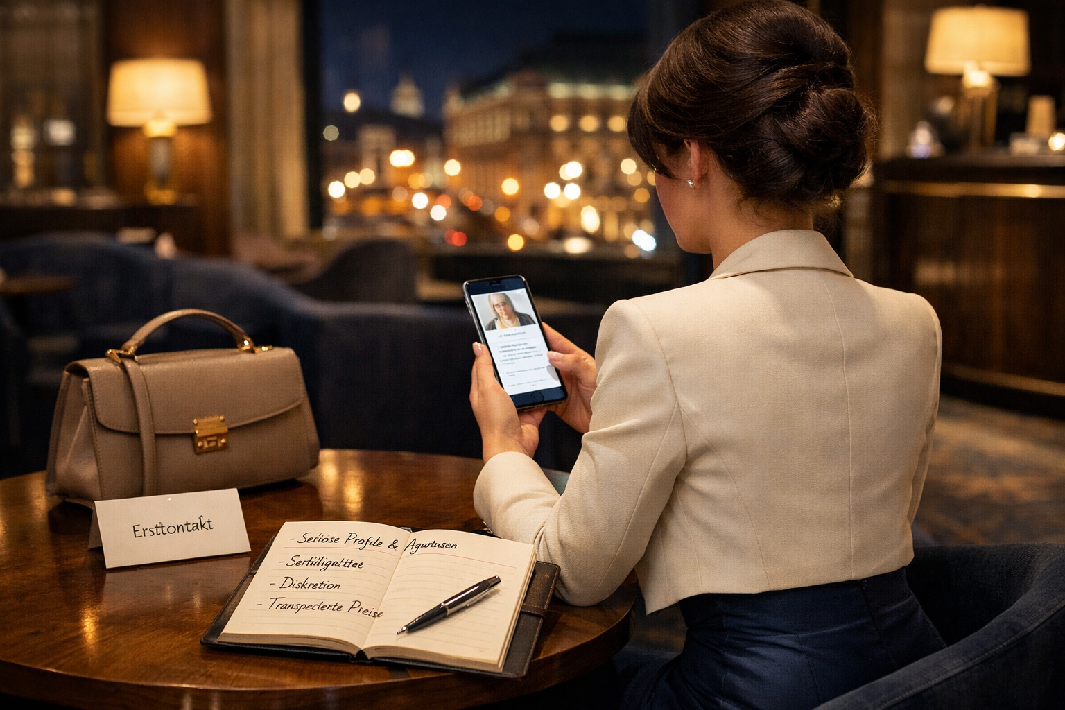 Best Luxury escort Vienna: Frau im Abendkleid prüft diskret ein Profil am Smartphone neben Terminplaner im Hotel-Loungeambiente.