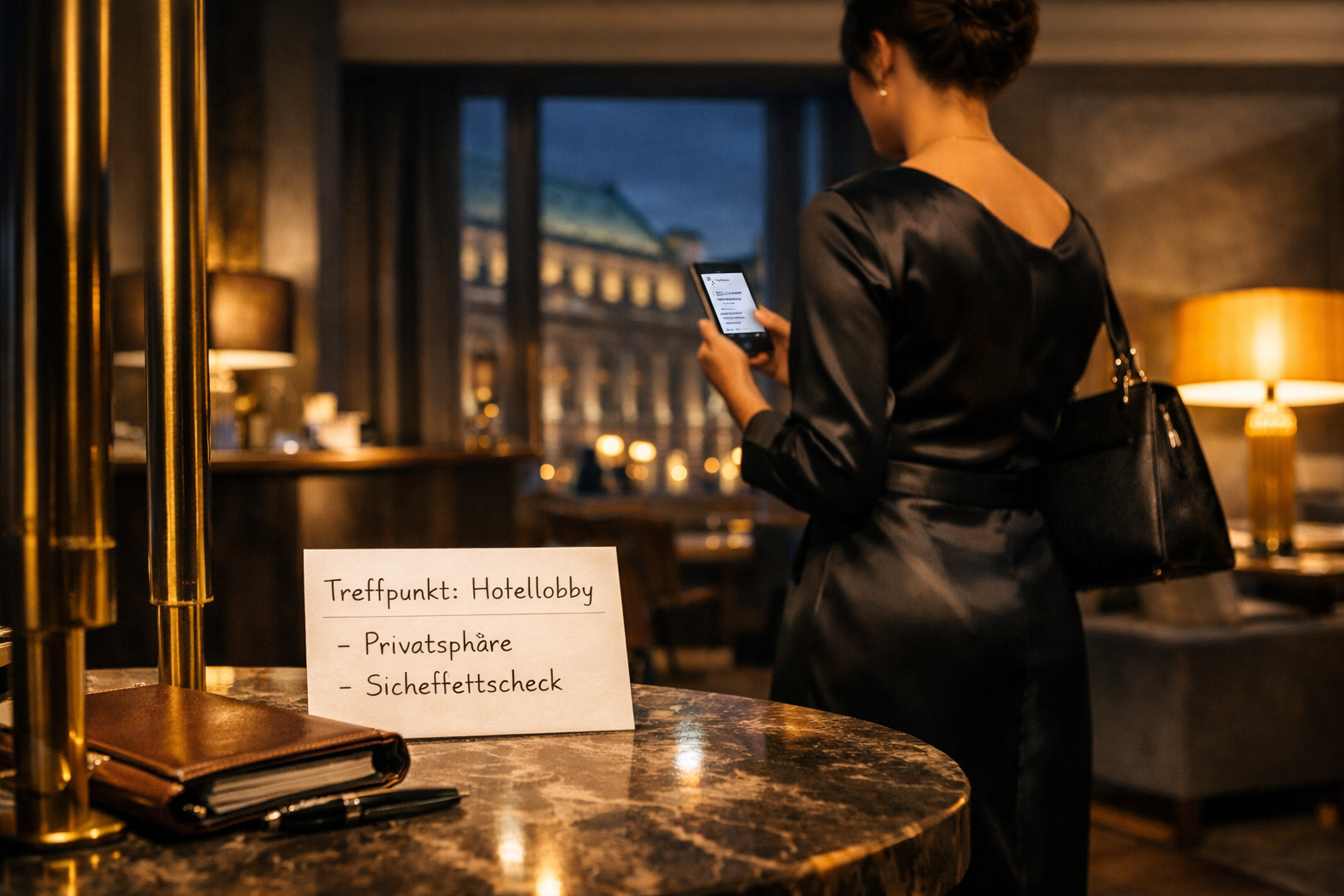 Best Luxury escort Vienna: Elegante Frau von hinten prüft im Wiener Hotellounge ihre Termine am Smartphone.