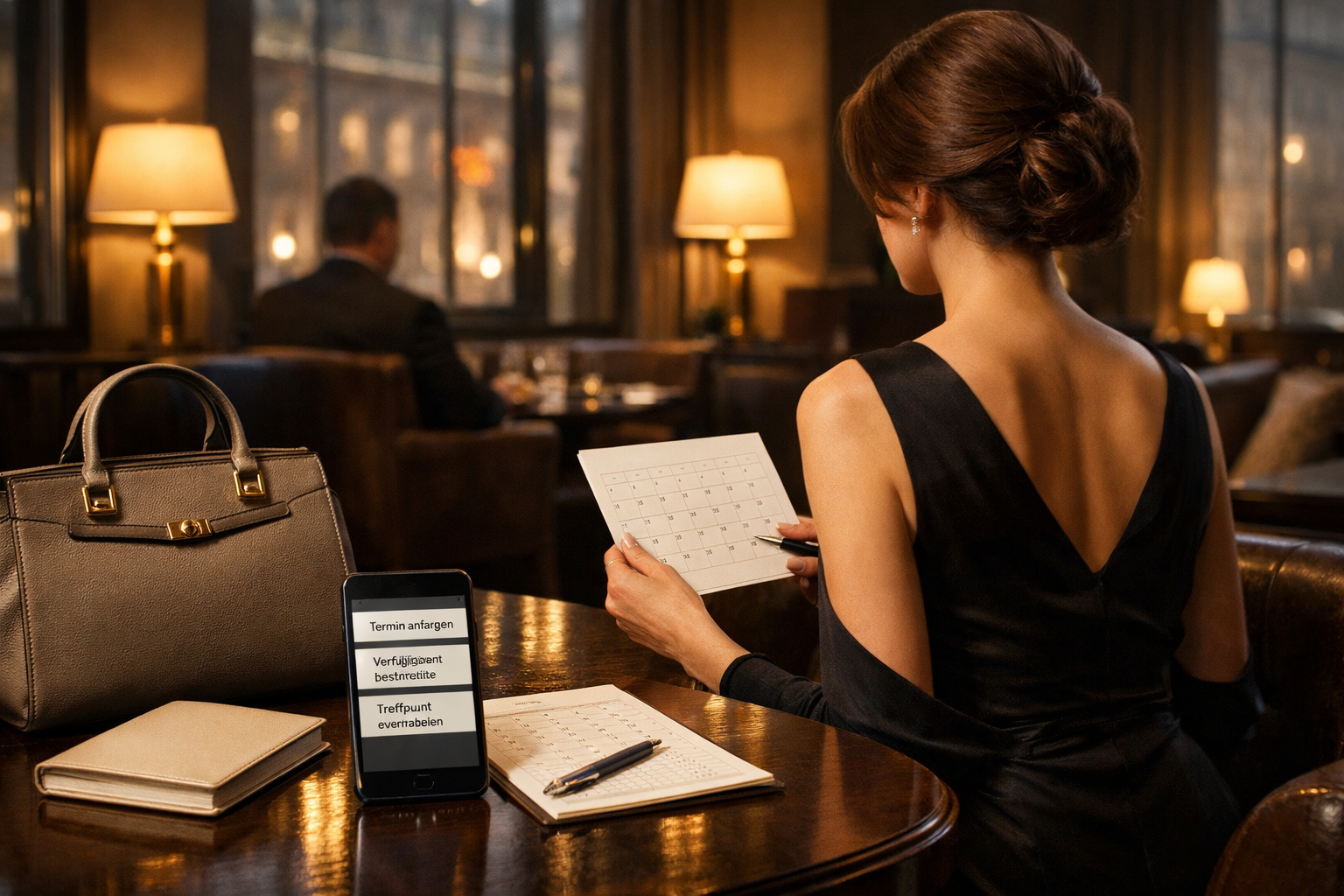 Best Luxury escort Vienna: Elegante Frau prüft diskret einen deutschen Terminplan in einer Wiener Hotellounge.