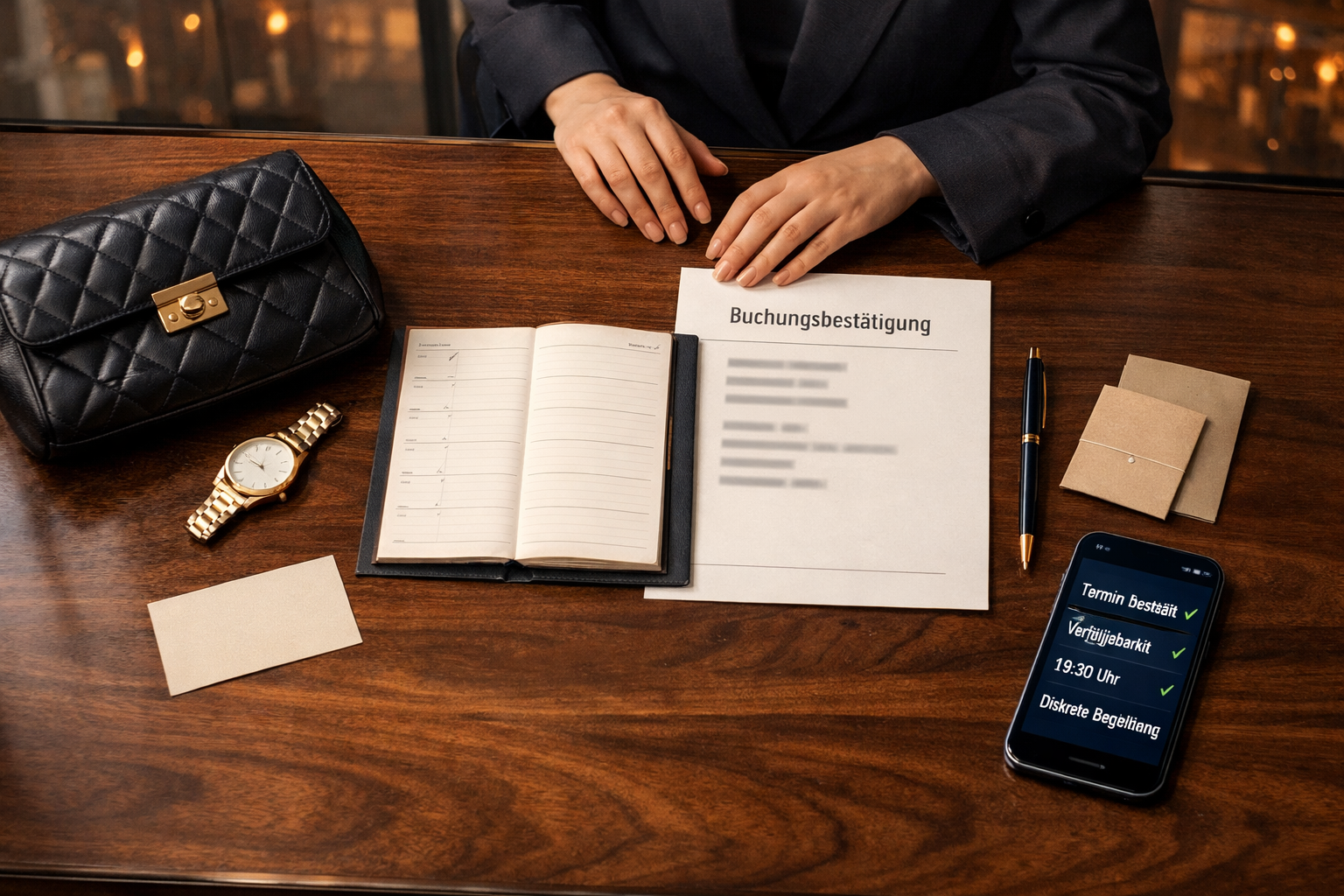 Top VIP escort Vienna: Draufsicht auf eleganten Tisch mit Buchungsbestätigung, Kalender, Smartphone mit „Termin bestätigt“ und Accessoires.