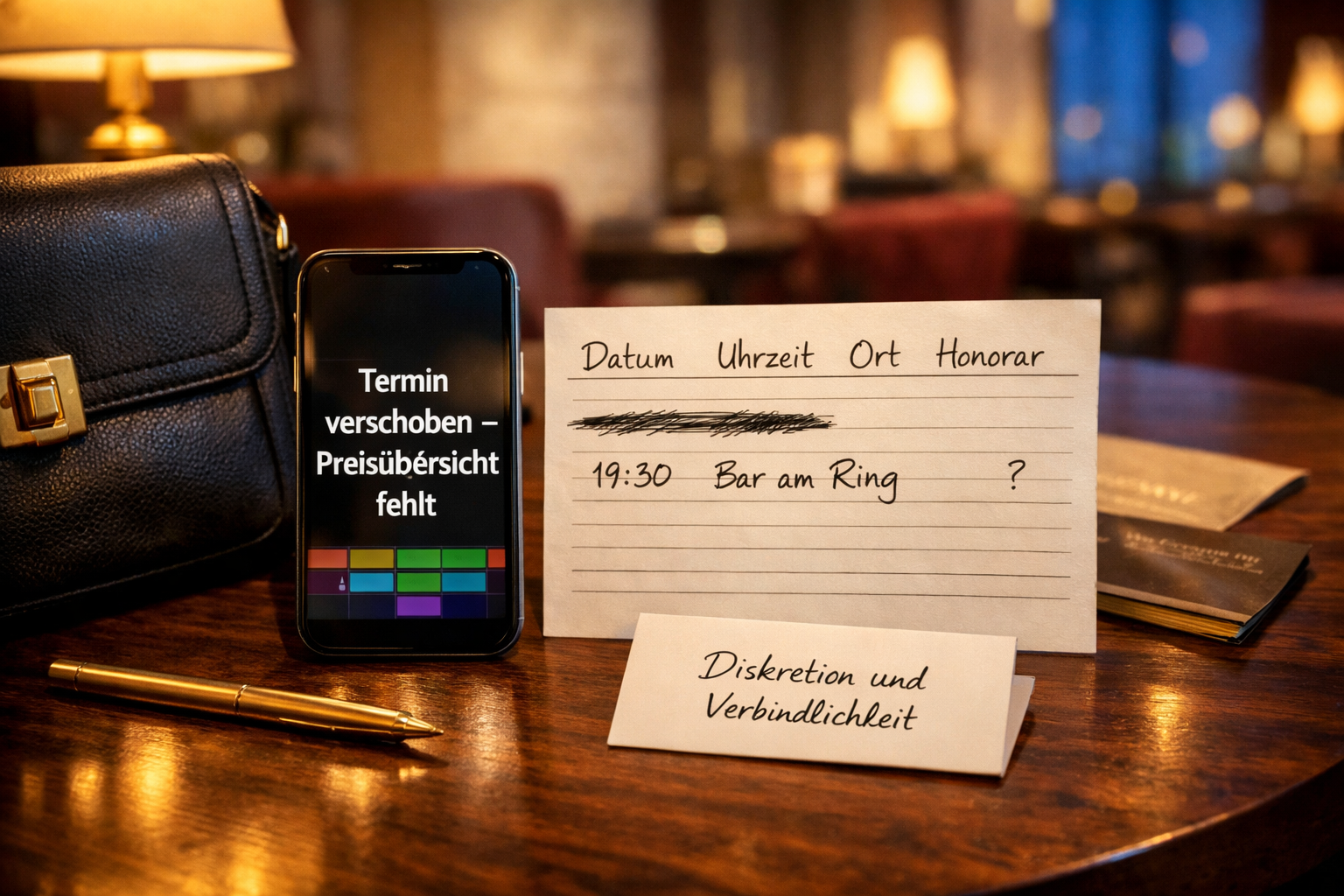 Best Luxury escort Vienna: Handtasche, Smartphone mit Terminverschiebung und durchgestrichener Abendplan auf elegantem Hotel-Loungetisch.