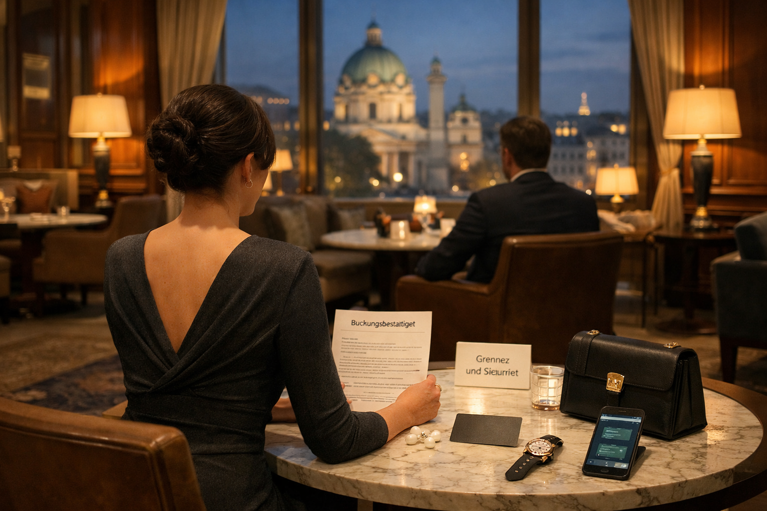 Top VIP escort Vienna im Wiener Hotellounge: Frau prüft Buchungsbestätigung am Marmortisch, diskretes Abendtreffen.
