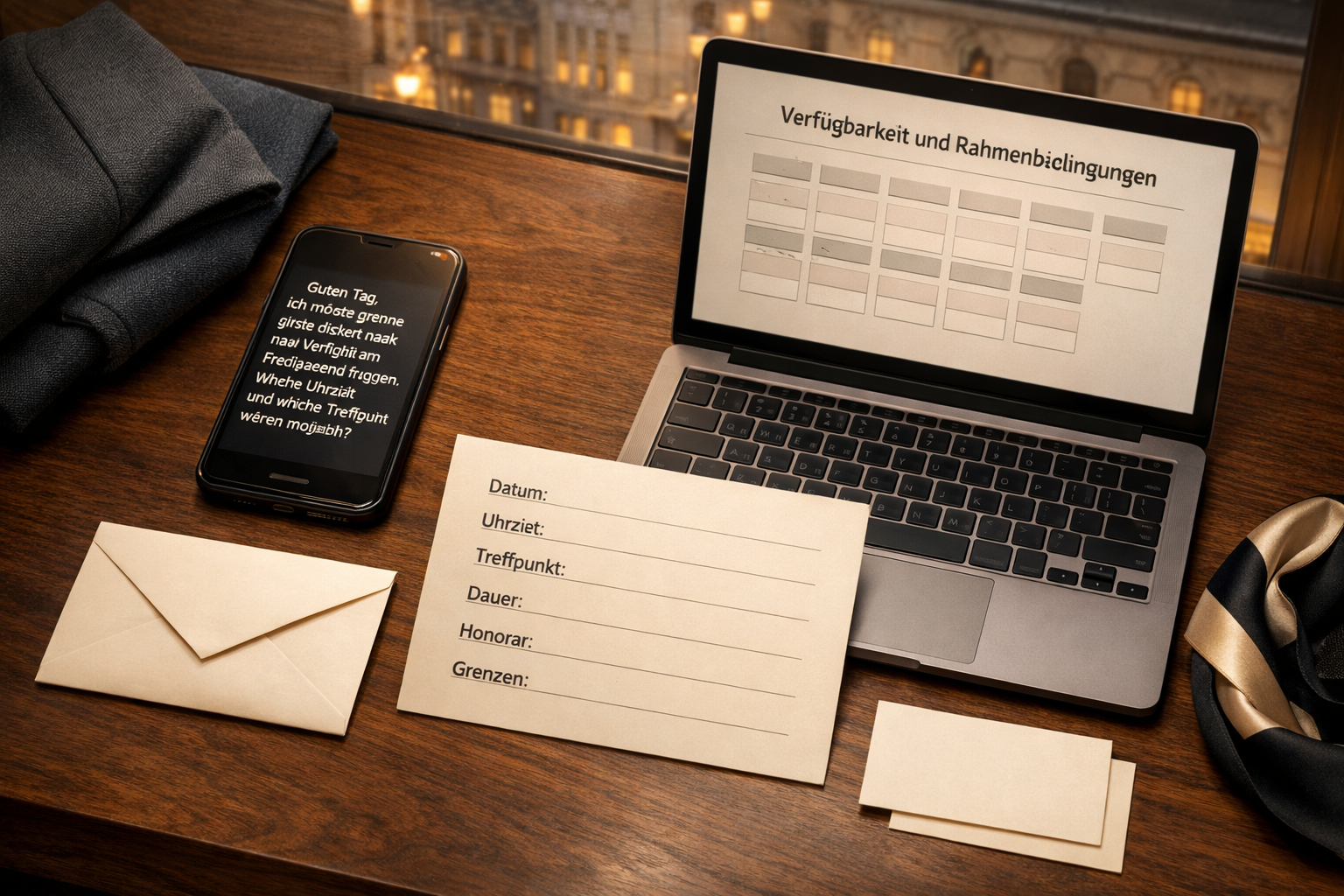 Discreet High Class Escort Vienna: Smartphone, Laptop und Terminunterlagen mit deutschen Angaben auf Wiener Hoteltisch.