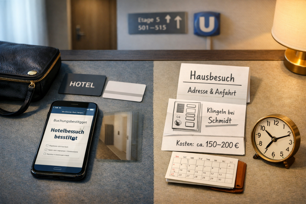 Draufsicht auf Hotel- und Hausbesuch-Planung mit Schlu00fcsselkarte, Buchungsbestu00e4tigung, Notizen, Kalender und Uhr.