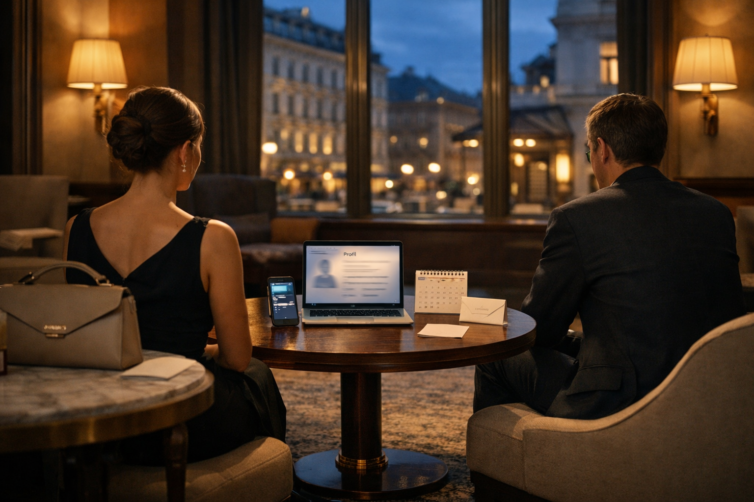 Discreet High Class Escort Vienna: Elegante Hotellounge mit zwei diskreten Personen, Terminunterlagen und Wiener Abendkulisse.