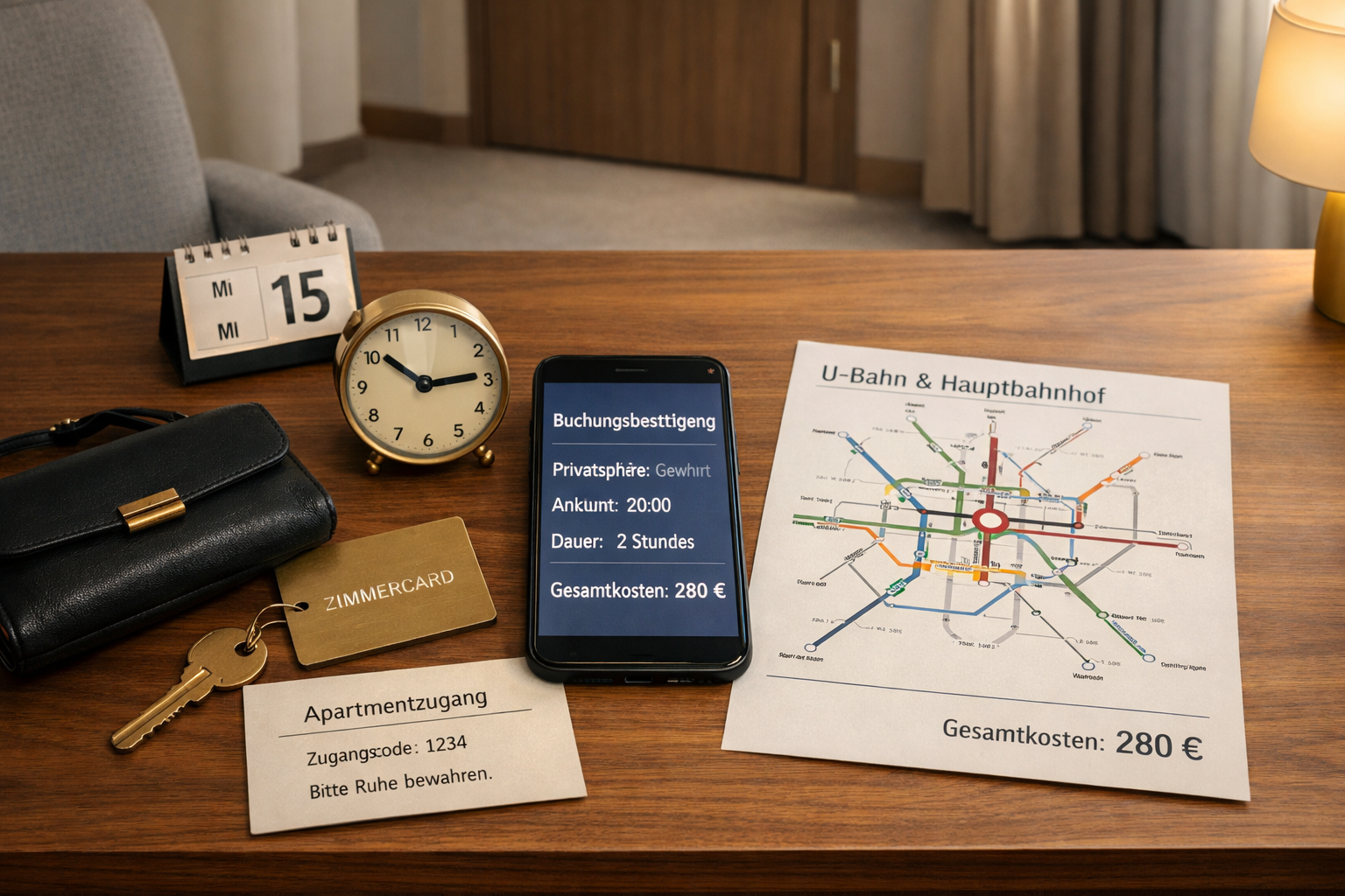 Ordentliche Hotelplanung mit Smartphone, Buchungsbestätigung, Schlüsselkarte, U-Bahn-Plan und „Hotel und Haus besuch“ auf Walnussholz.