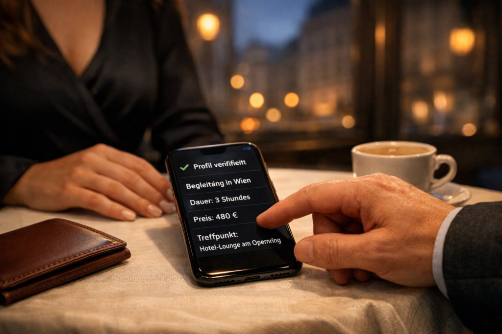Vienna escort und Kunde pru00fcfen am Smartphone verifiziertes Profil, Termin, Preis und Treffpunkt in einem Wiener Cafu00e9.