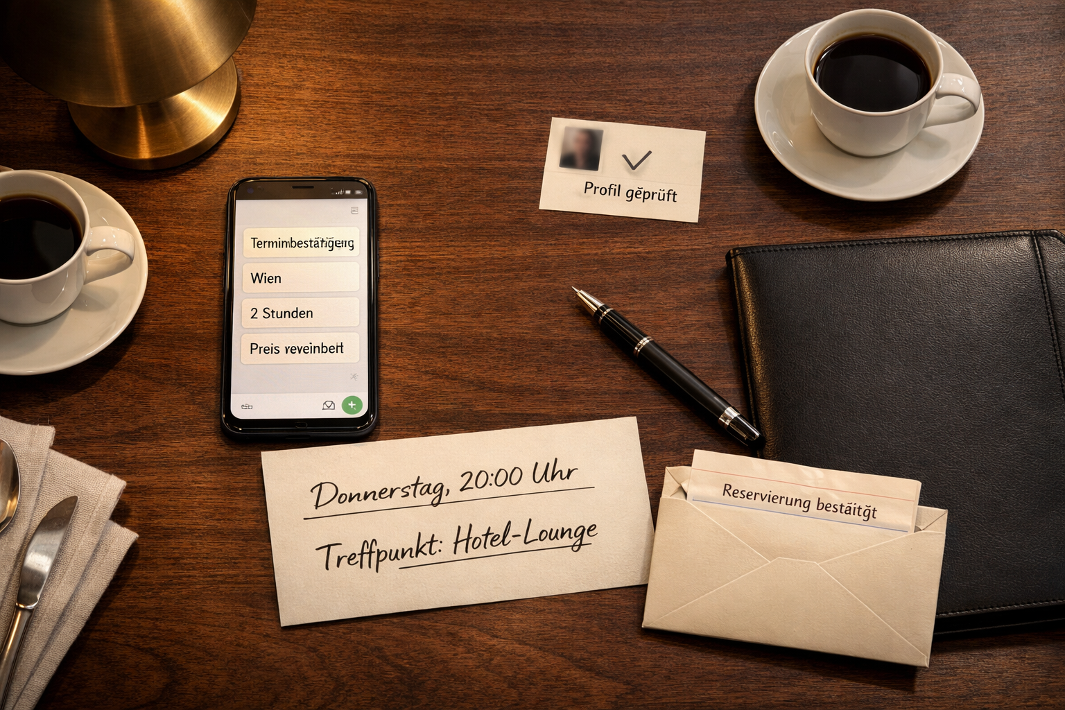 Vienna escort: Vogelperspektive auf Café-Tisch mit Terminnotizen, Smartphone, geprüftem Profil, Kaffee und Reservierung.