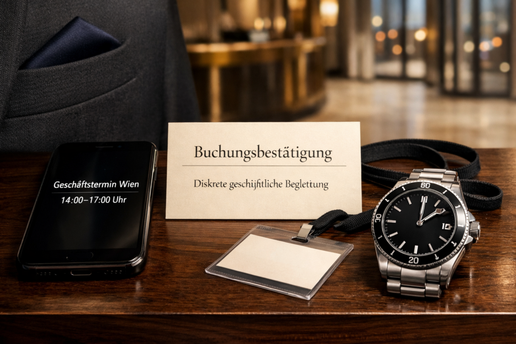 Business escort service: Smartphone, Buchungsbestu00e4tigung und Uhr zeigen diskreten Geschu00e4ftstermin in Wien von 14:00 bis 17:00 Uhr.