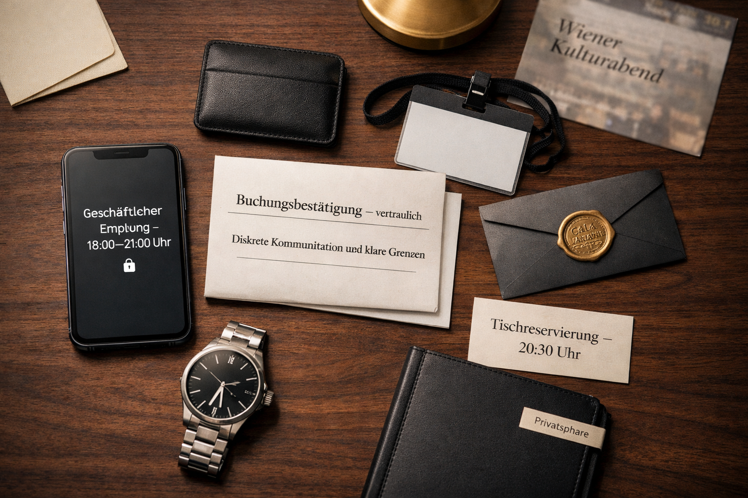 Business escort service: Diskretes Wiener Empfangs-Set mit Smartphone, Buchungsbestätigung, Reservierung und Uhr auf einem Hoteltisch.