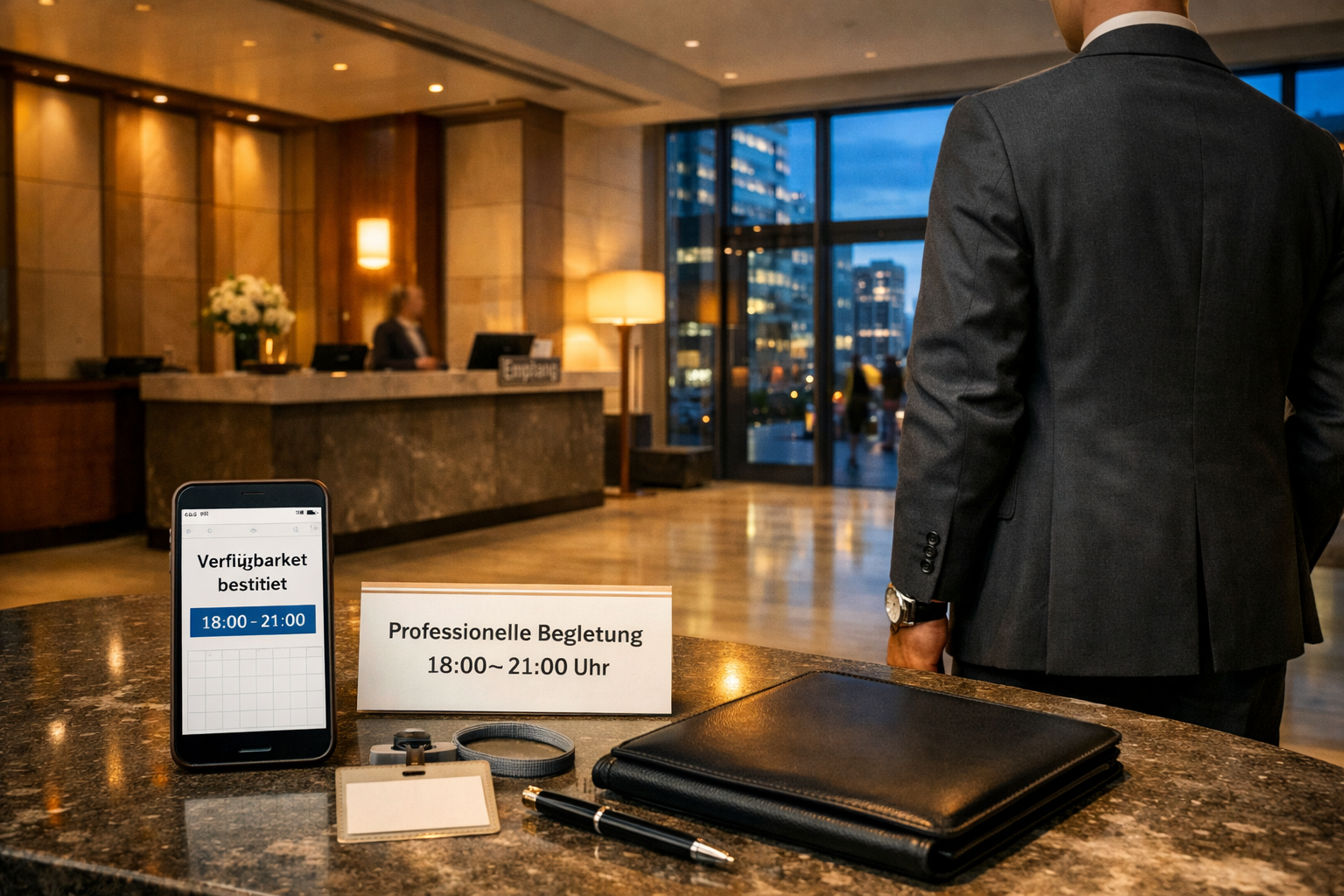 Business escort service im Wiener Hotellobby: Begleiter im Anzug, bestätigter Termin und Empfang vor moderner Stadtkulisse.
