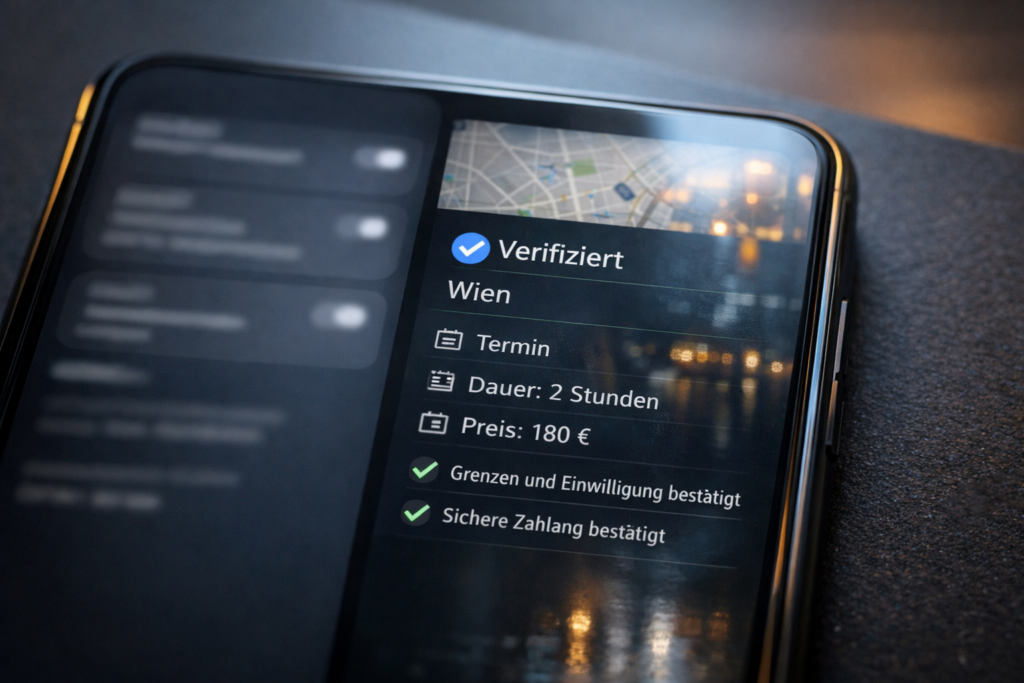 Smartphone mit verifiziertem Wiener Erwachsenenprofil, Termin- und Zahlungsdetails; u201eSex kontakteu201c auf diskretem Bildschirm.